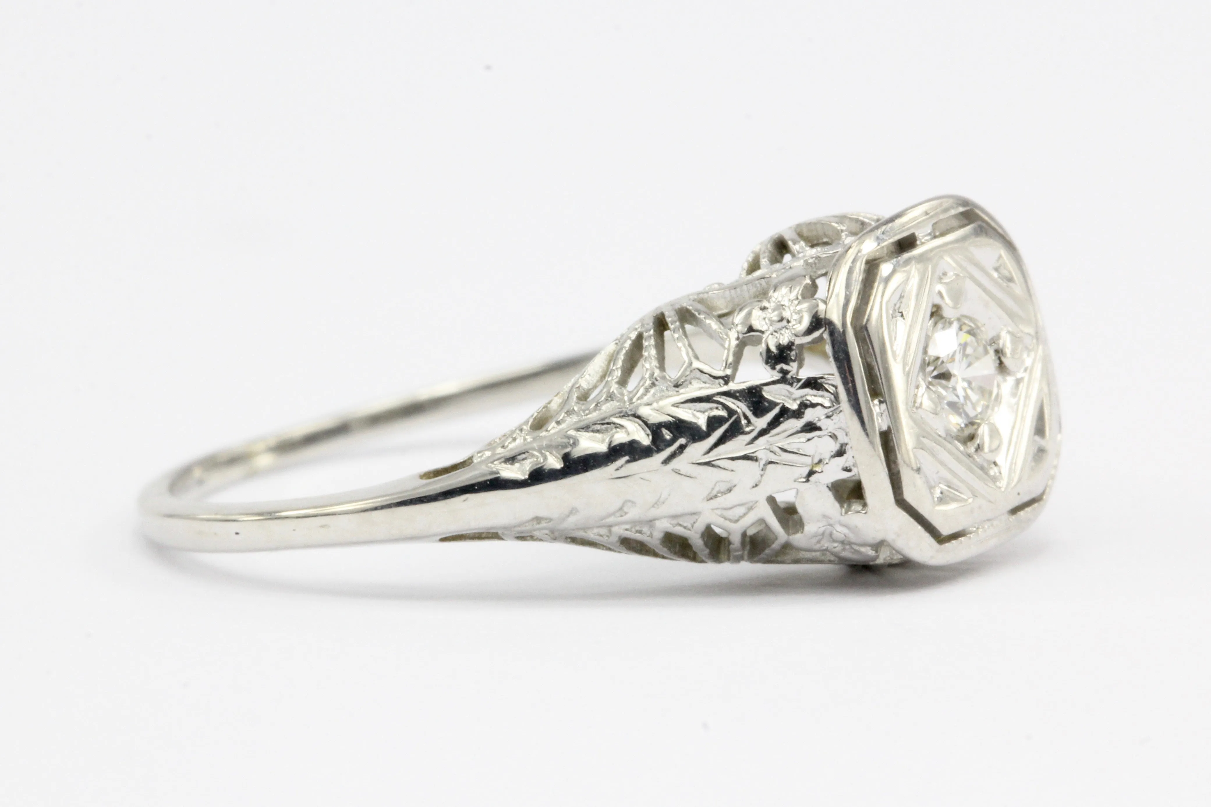 Art Deco 14K White Gold Filigree Diamond Engagement Ring Size 5.5