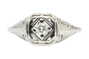 Art Deco 14K White Gold Filigree Diamond Engagement Ring Size 5.5