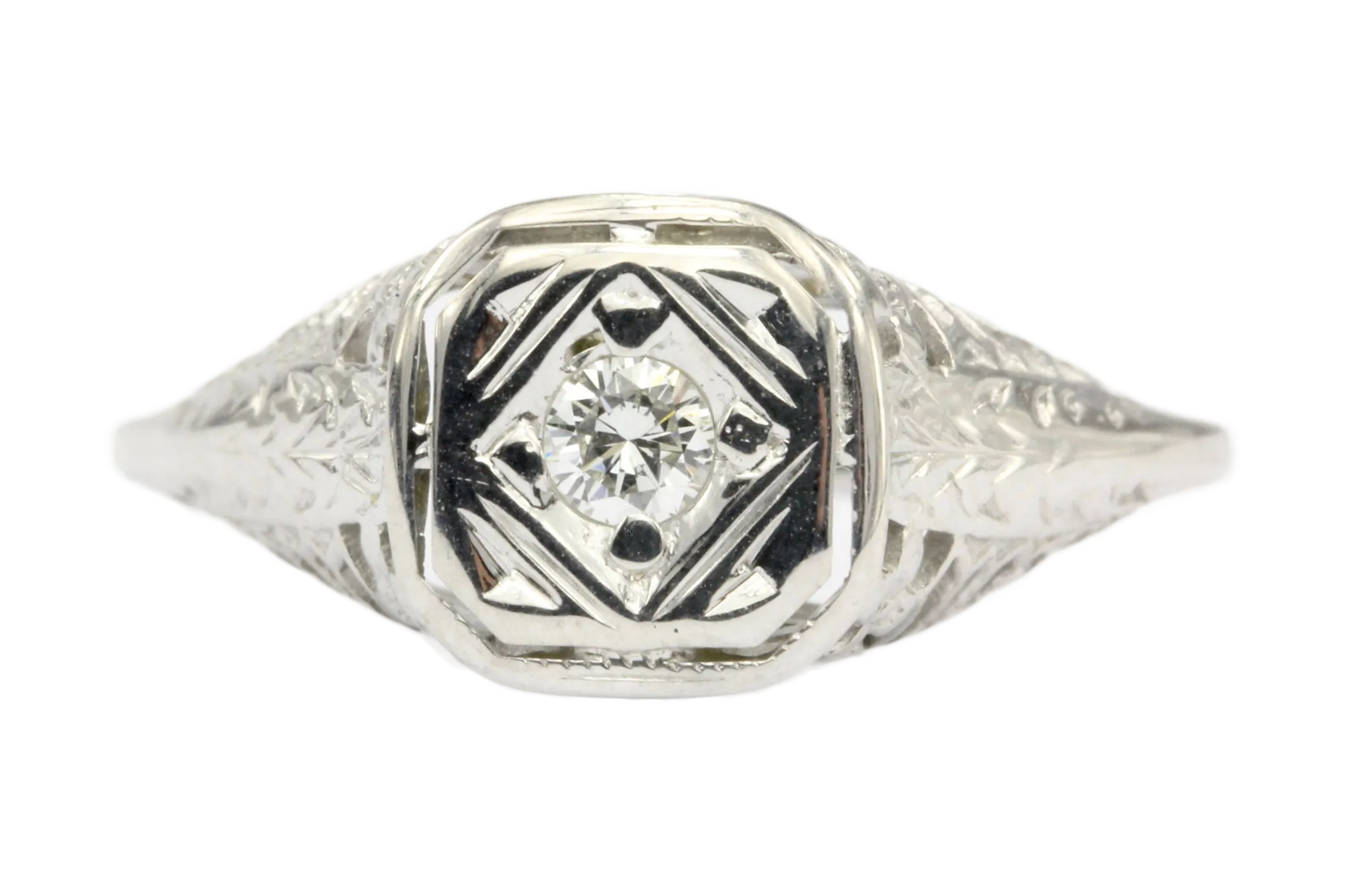 Art Deco 14K White Gold Filigree Diamond Engagement Ring Size 5.5