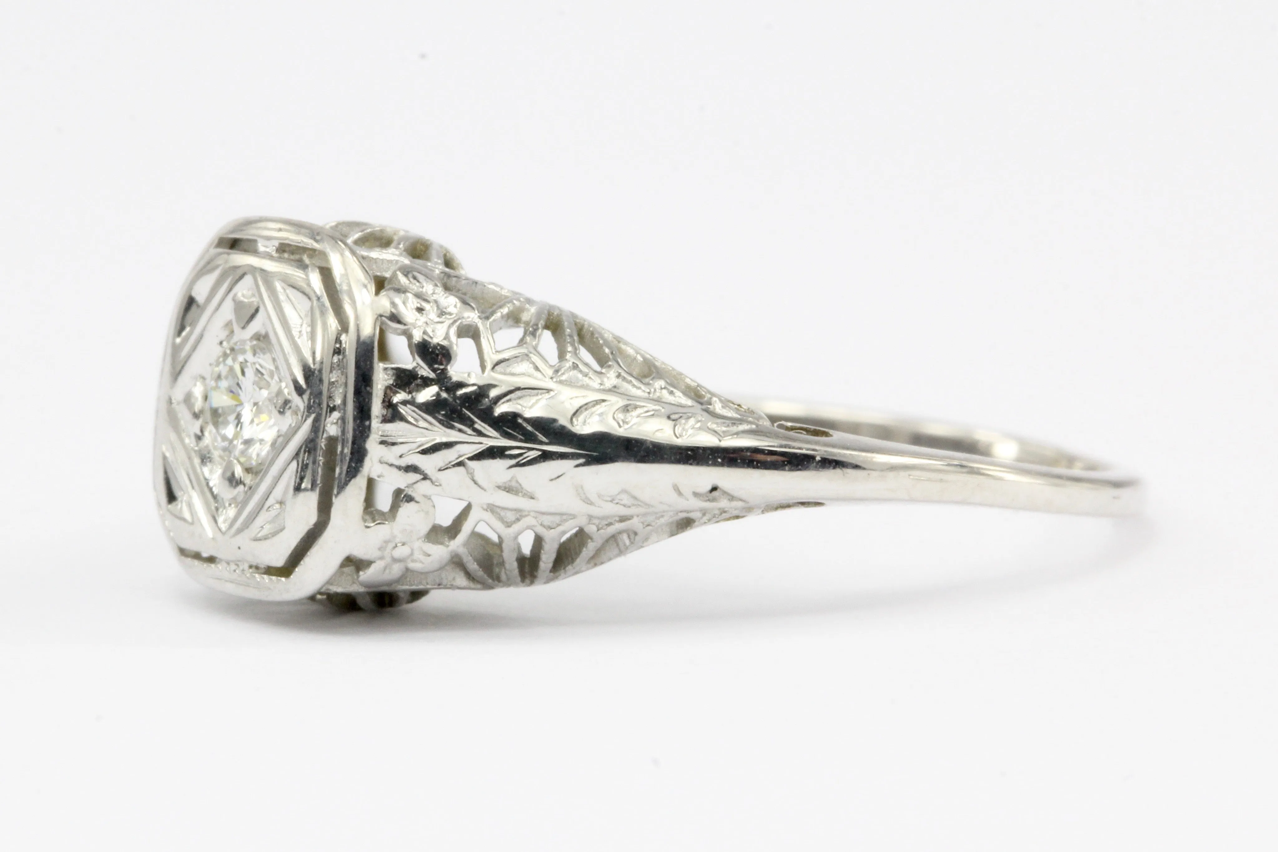 Art Deco 14K White Gold Filigree Diamond Engagement Ring Size 5.5