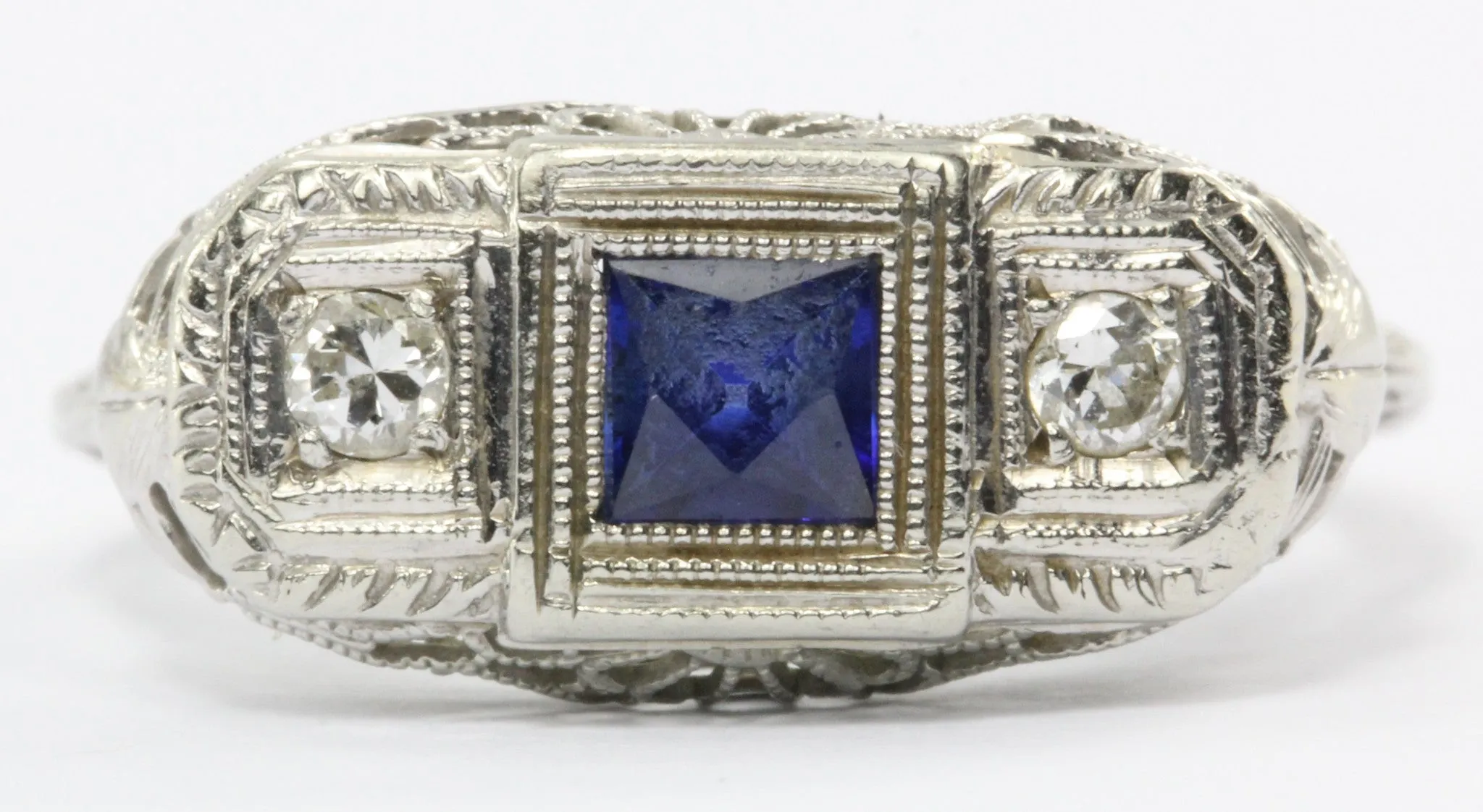 Art Deco 14k White Gold Filigree French Cut Sapphire and Diamond Ring