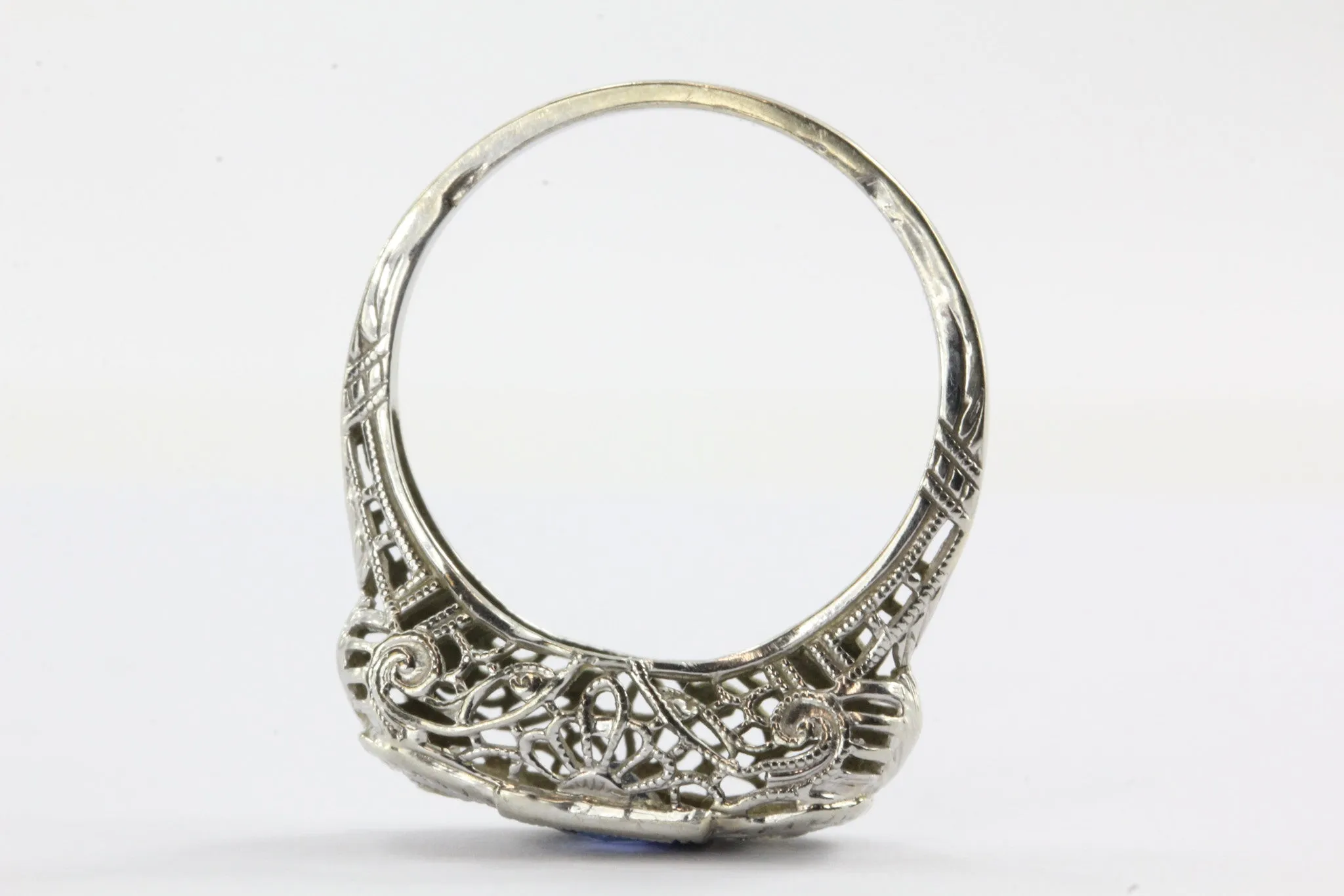Art Deco 14k White Gold Filigree French Cut Sapphire and Diamond Ring