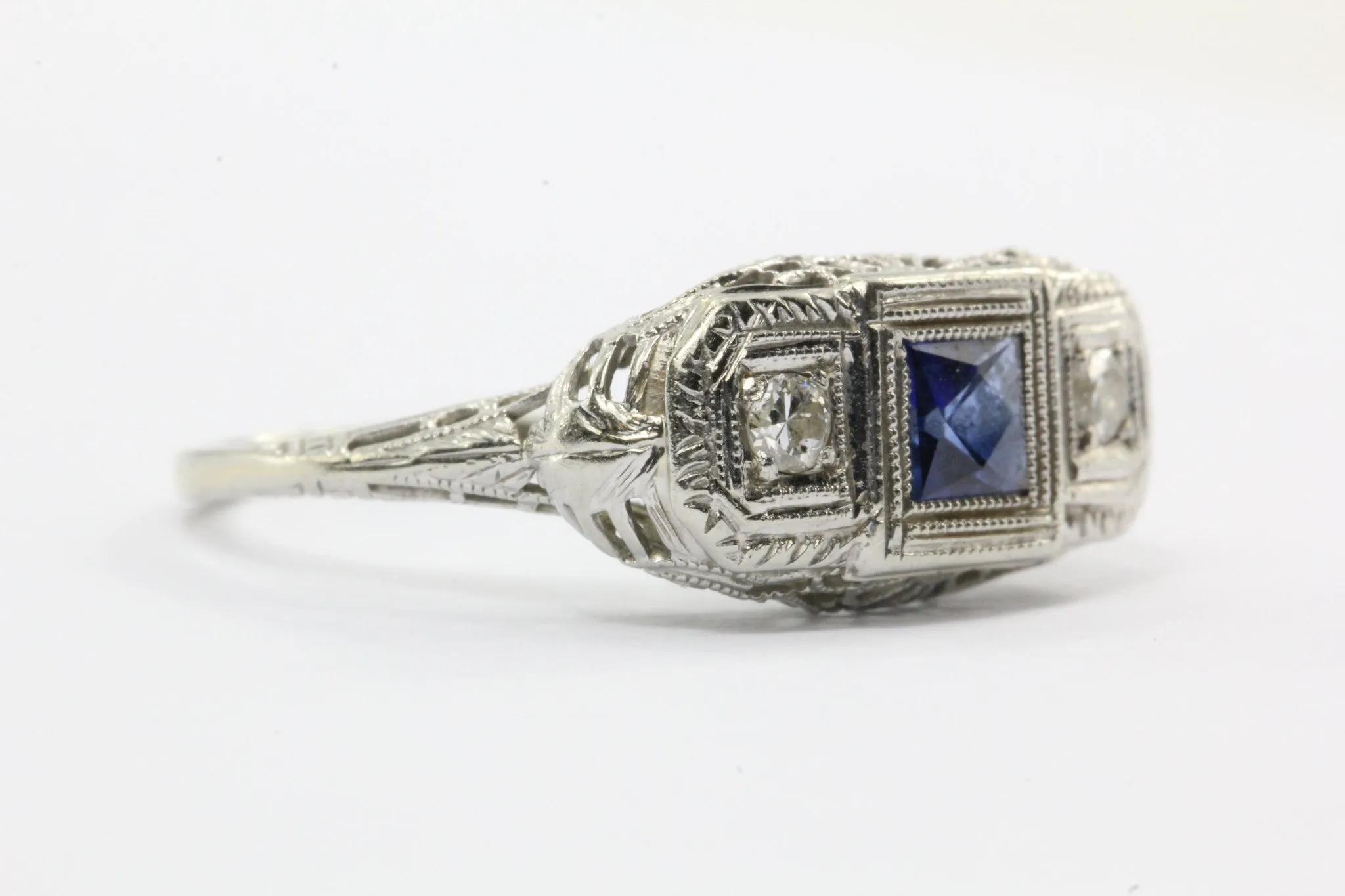 Art Deco 14k White Gold Filigree French Cut Sapphire and Diamond Ring