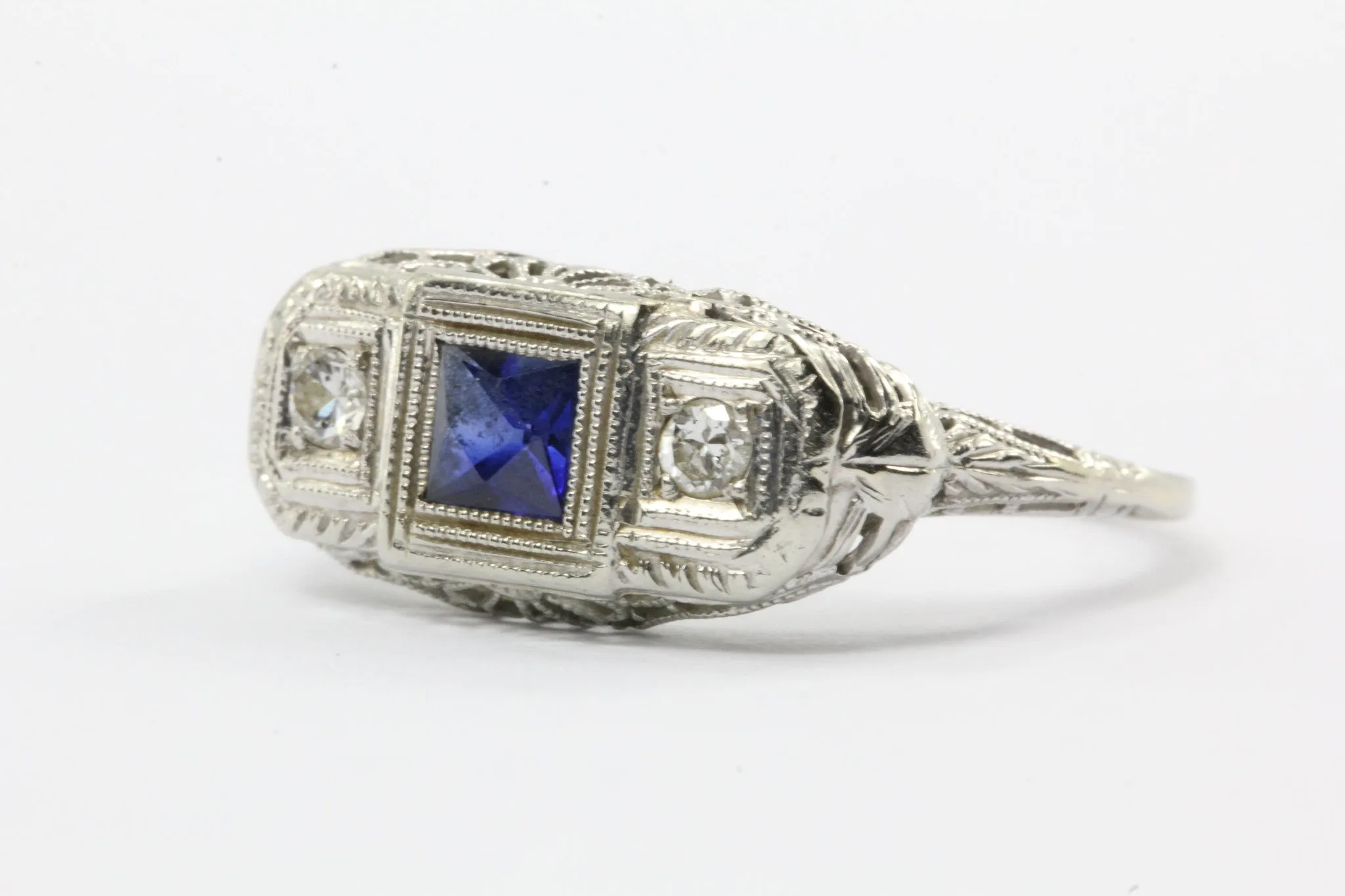 Art Deco 14k White Gold Filigree French Cut Sapphire and Diamond Ring