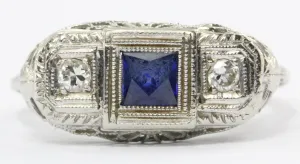 Art Deco 14k White Gold Filigree French Cut Sapphire and Diamond Ring