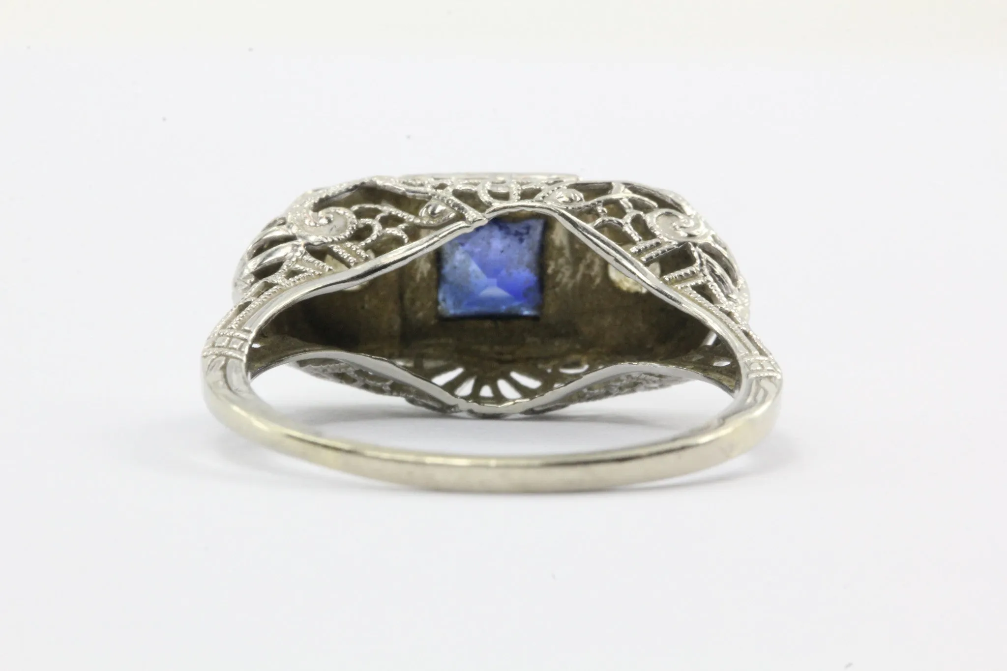 Art Deco 14k White Gold Filigree French Cut Sapphire and Diamond Ring