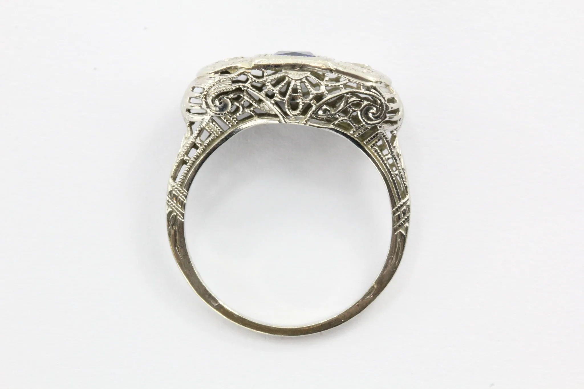 Art Deco 14k White Gold Filigree French Cut Sapphire and Diamond Ring