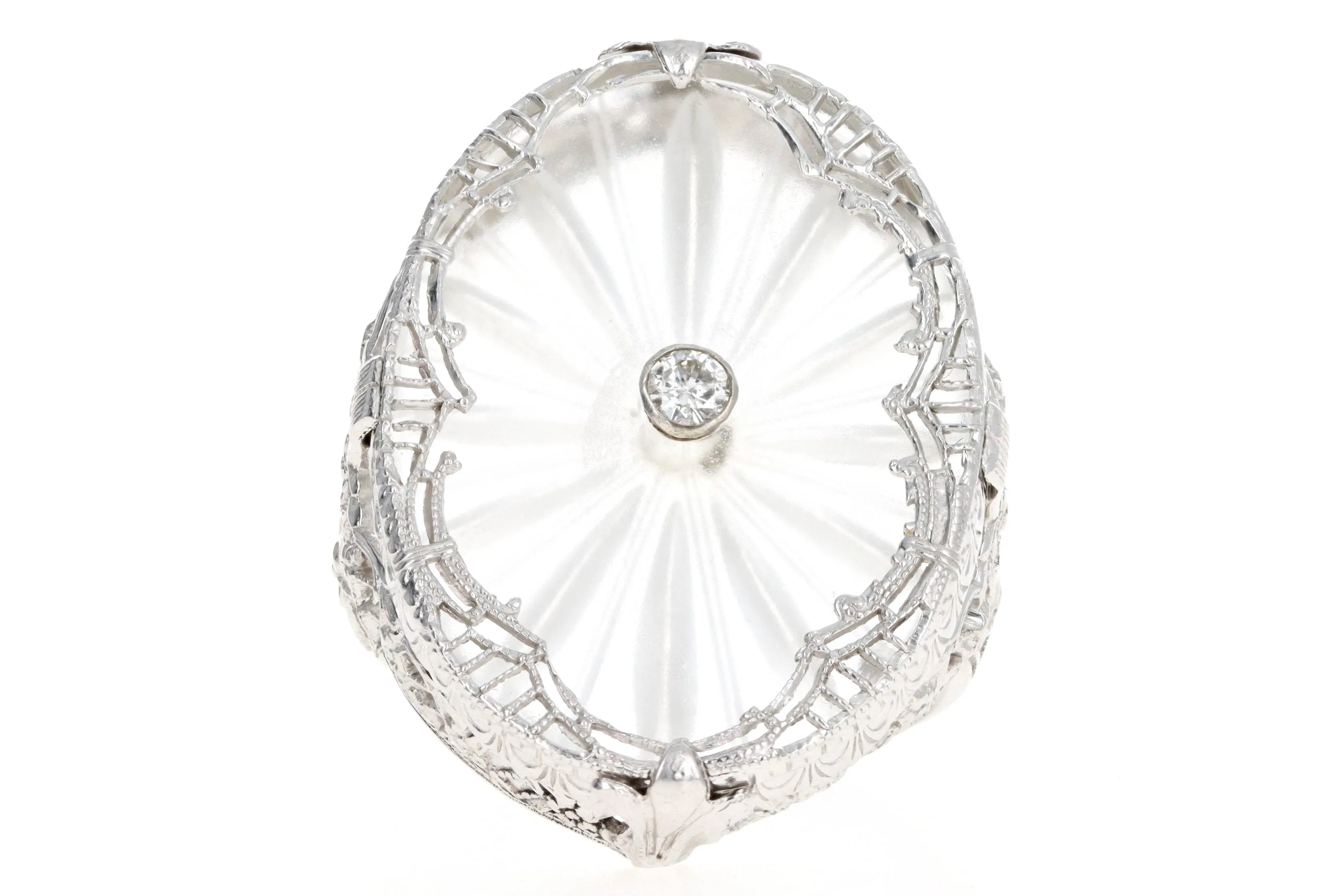 Art Deco 14K White Gold Rock Crystal Quartz & Diamond Filigree Ring