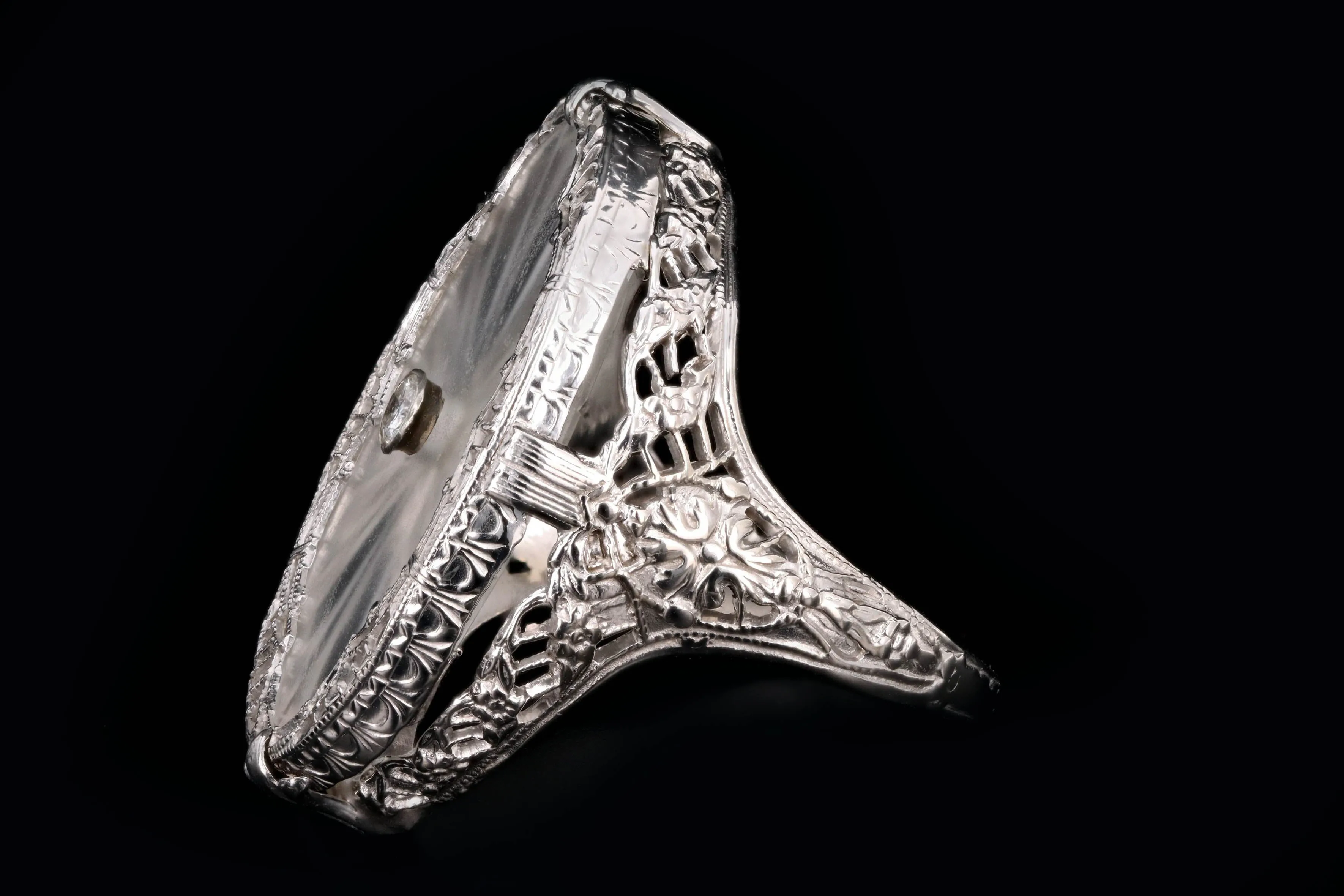 Art Deco 14K White Gold Rock Crystal Quartz & Diamond Filigree Ring