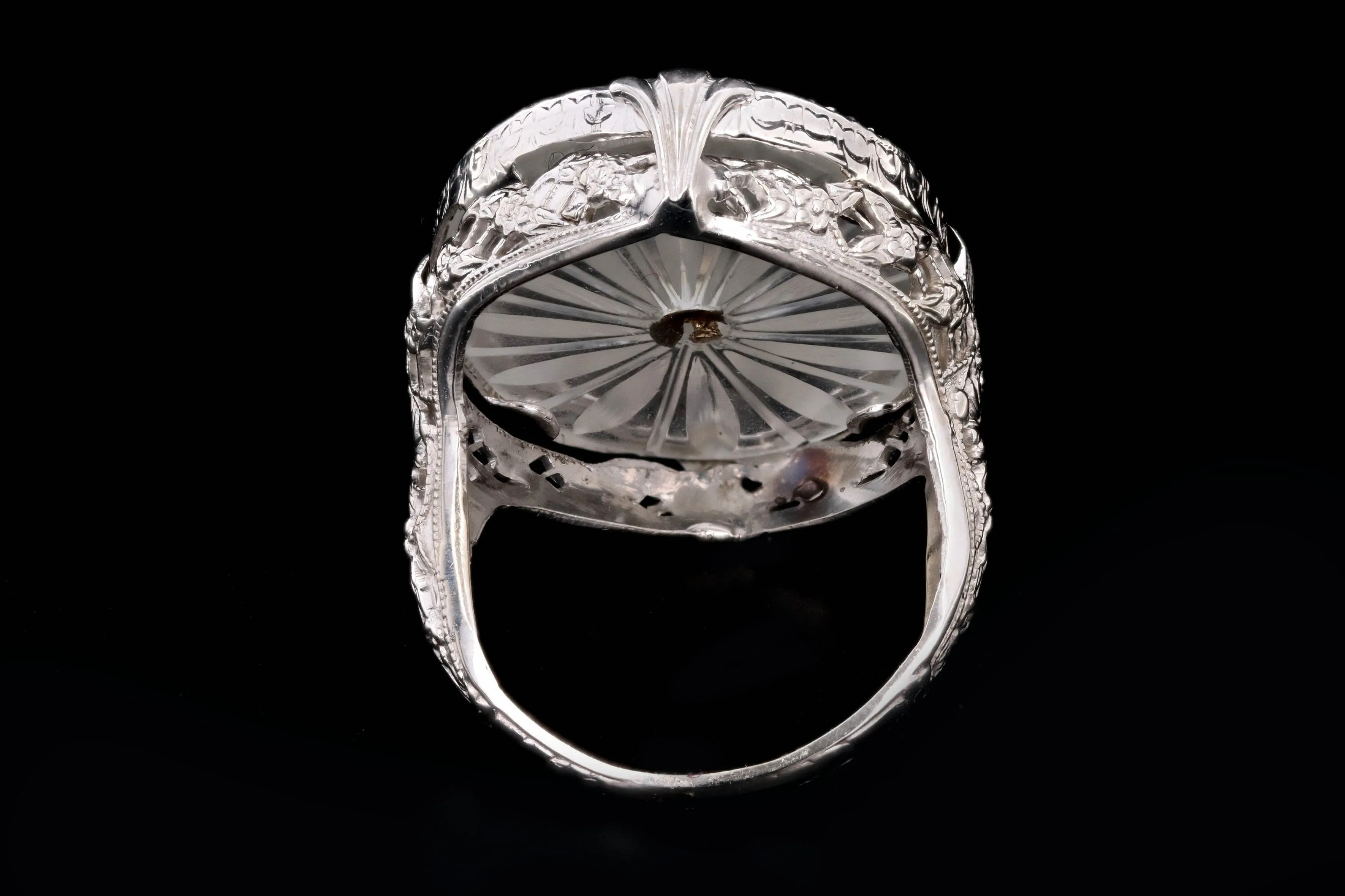 Art Deco 14K White Gold Rock Crystal Quartz & Diamond Filigree Ring