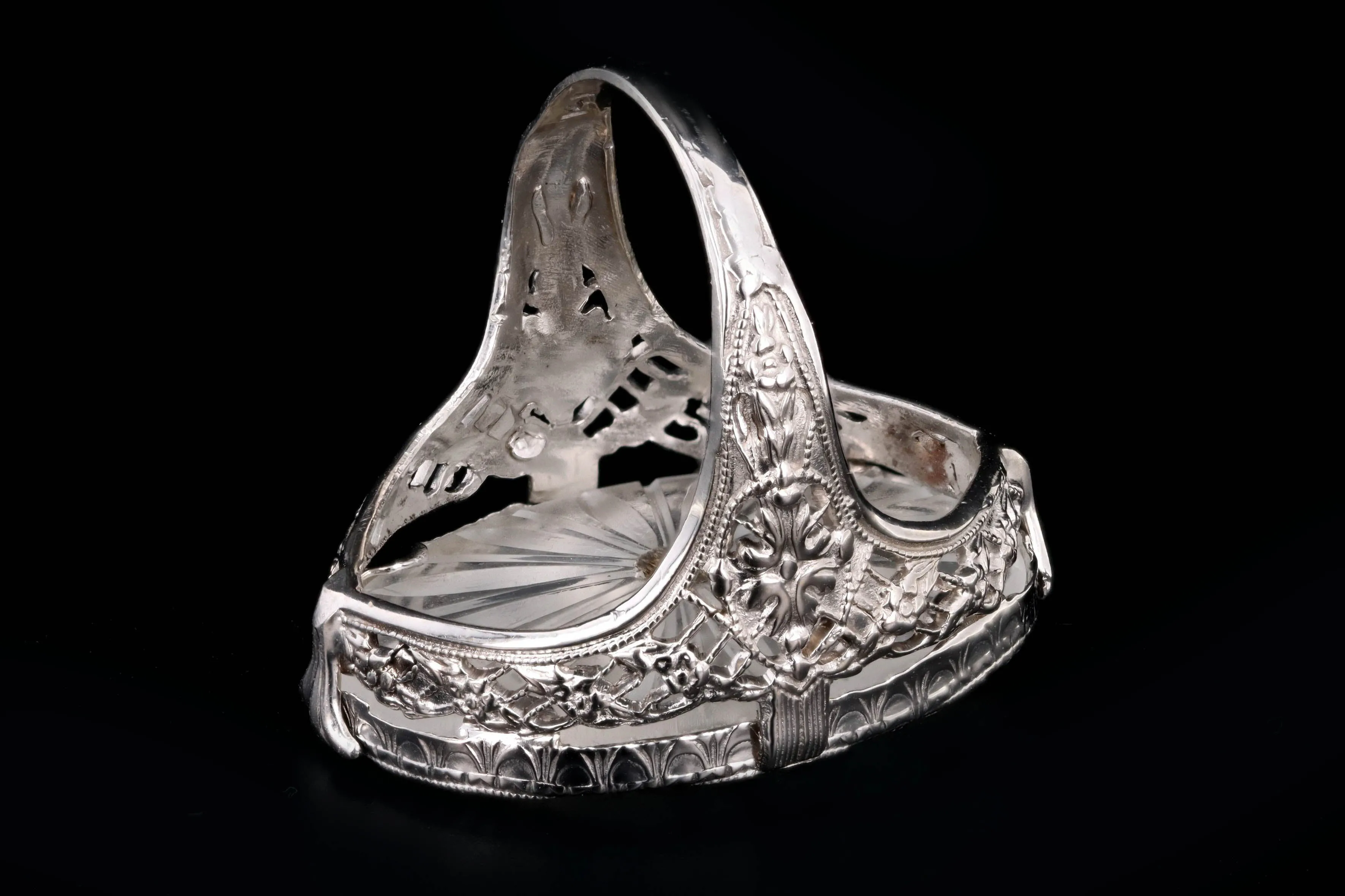 Art Deco 14K White Gold Rock Crystal Quartz & Diamond Filigree Ring