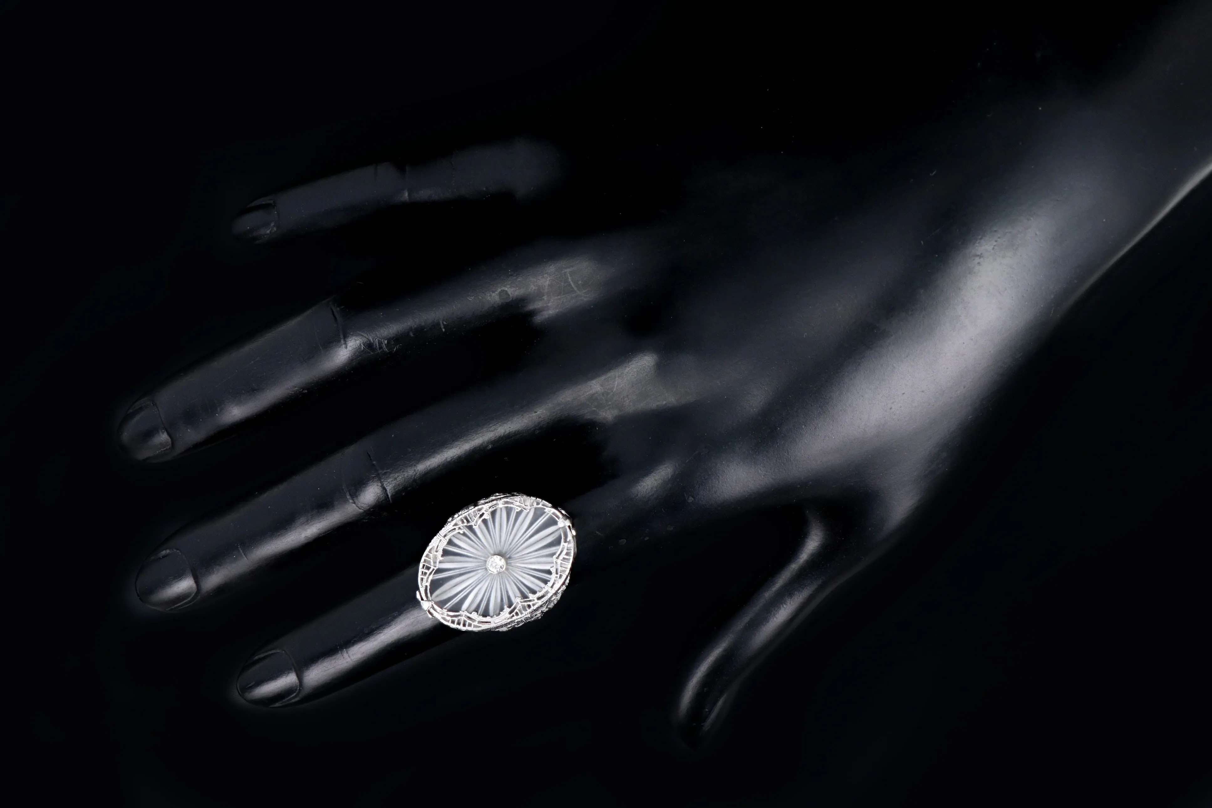 Art Deco 14K White Gold Rock Crystal Quartz & Diamond Filigree Ring