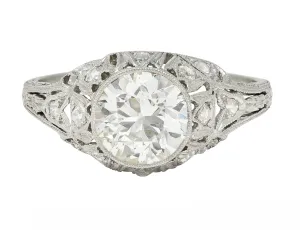 Art Deco 1.72 CTW Old European Cut Diamond Platinum Tulip Vintage Engagement Ring