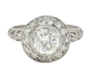 Art Deco 1.75 CTW Old European Diamond Platinum Vintage Orange Blossom Halo Engagement Ring