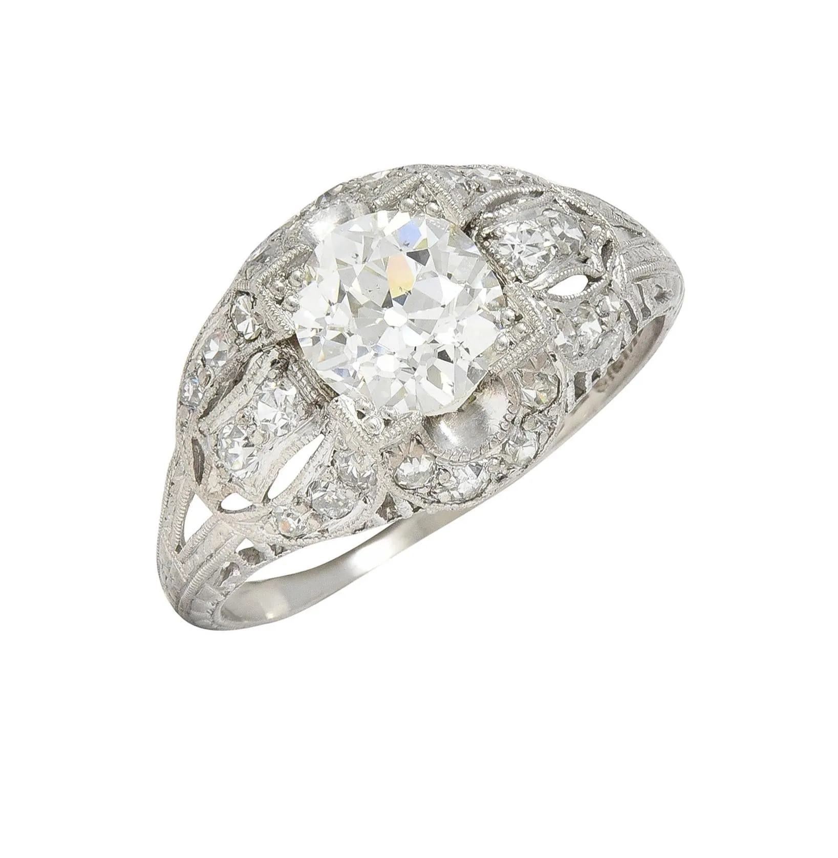 Art Deco 1.79 CTW Old European Cut Diamond Platinum Quatrefoil Antique Engagement Ring