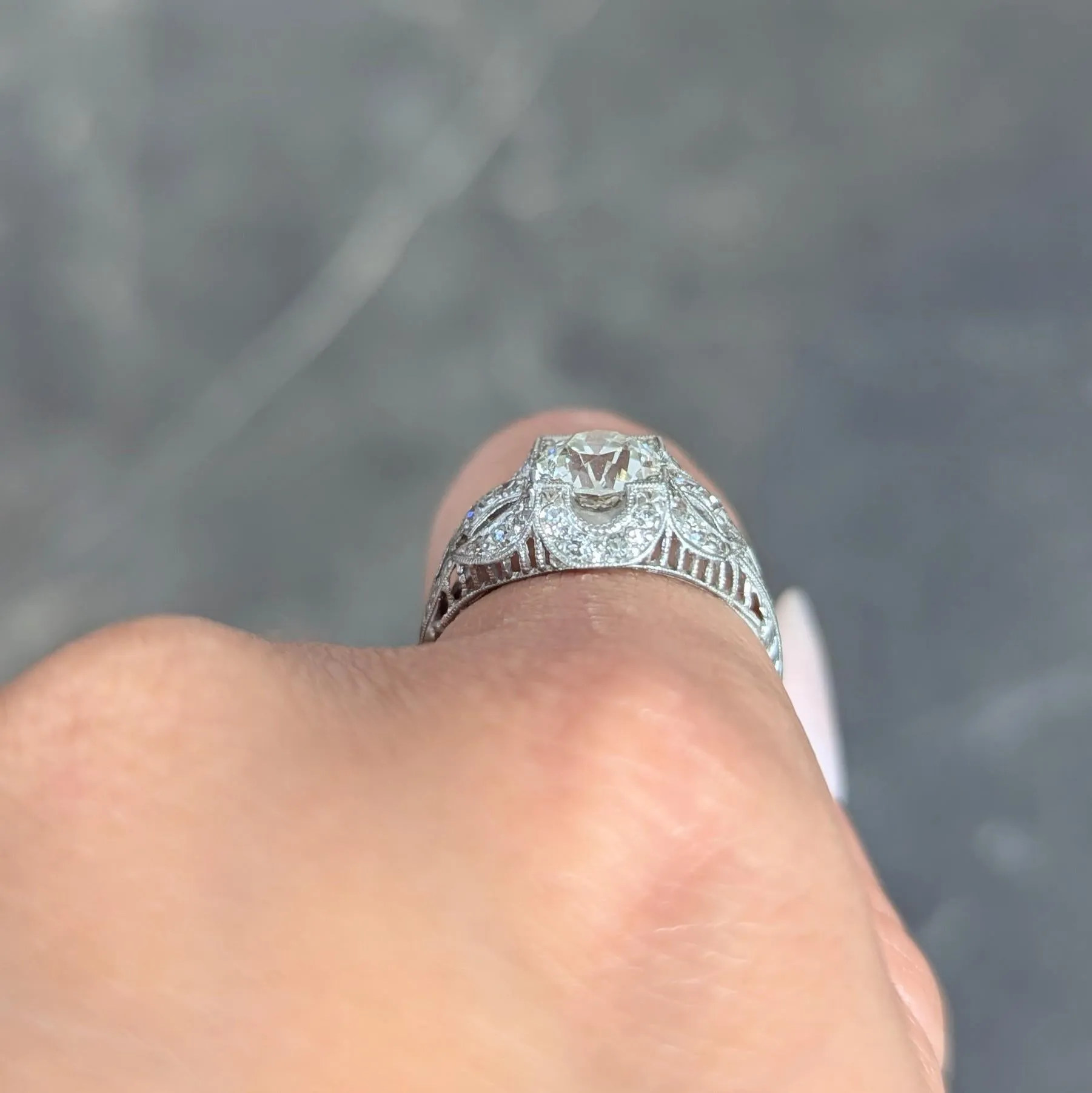 Art Deco 1.79 CTW Old European Cut Diamond Platinum Quatrefoil Antique Engagement Ring
