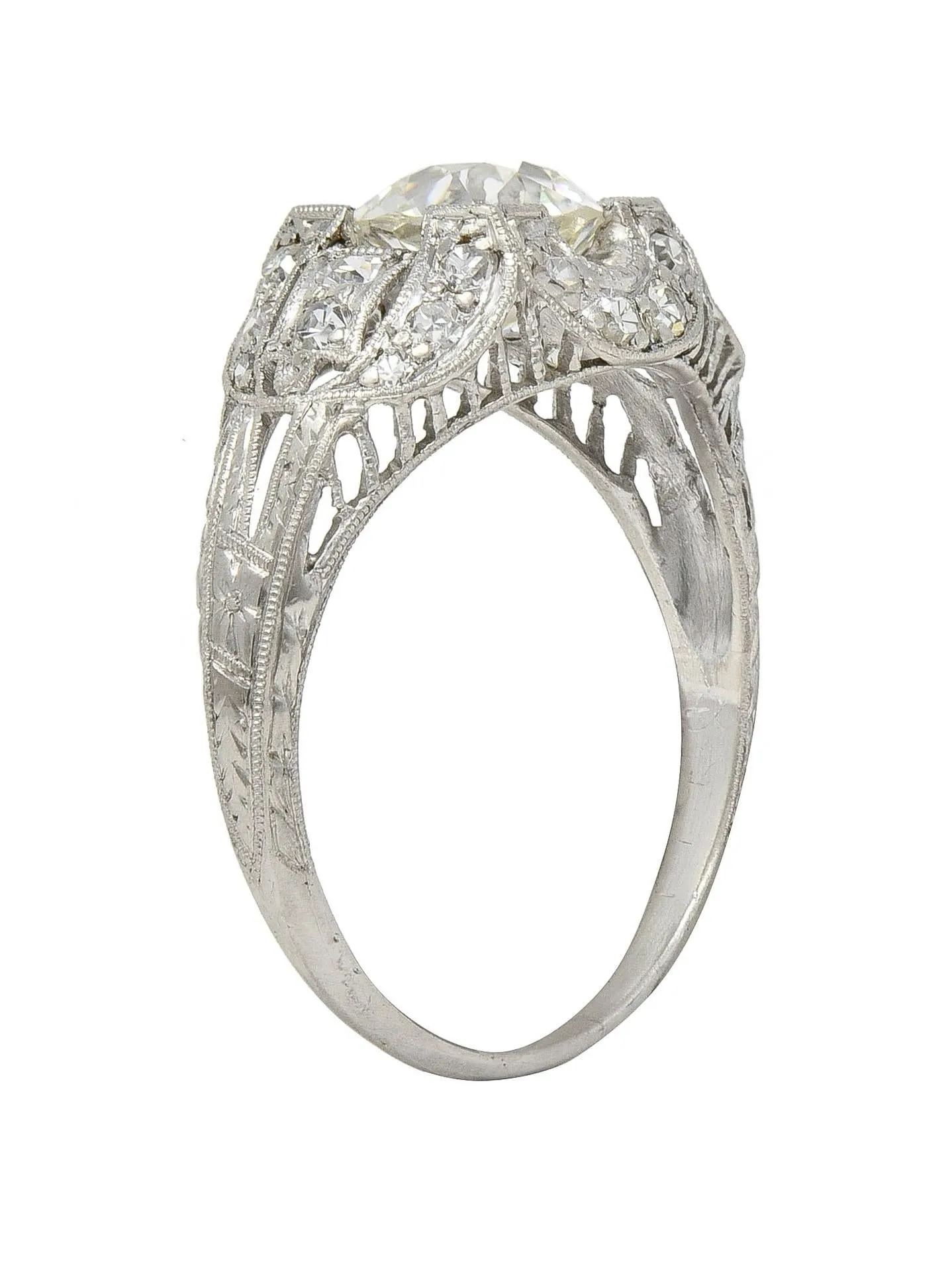 Art Deco 1.79 CTW Old European Cut Diamond Platinum Quatrefoil Antique Engagement Ring