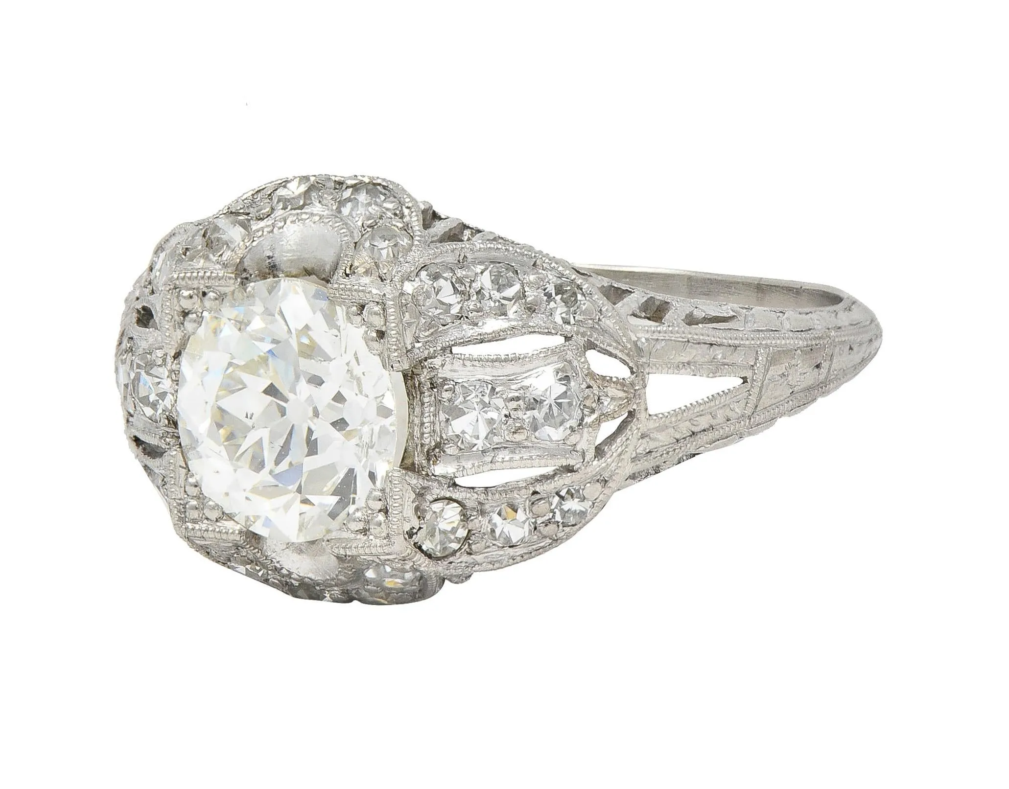Art Deco 1.79 CTW Old European Cut Diamond Platinum Quatrefoil Antique Engagement Ring