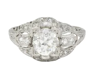 Art Deco 1.79 CTW Old European Cut Diamond Platinum Quatrefoil Antique Engagement Ring