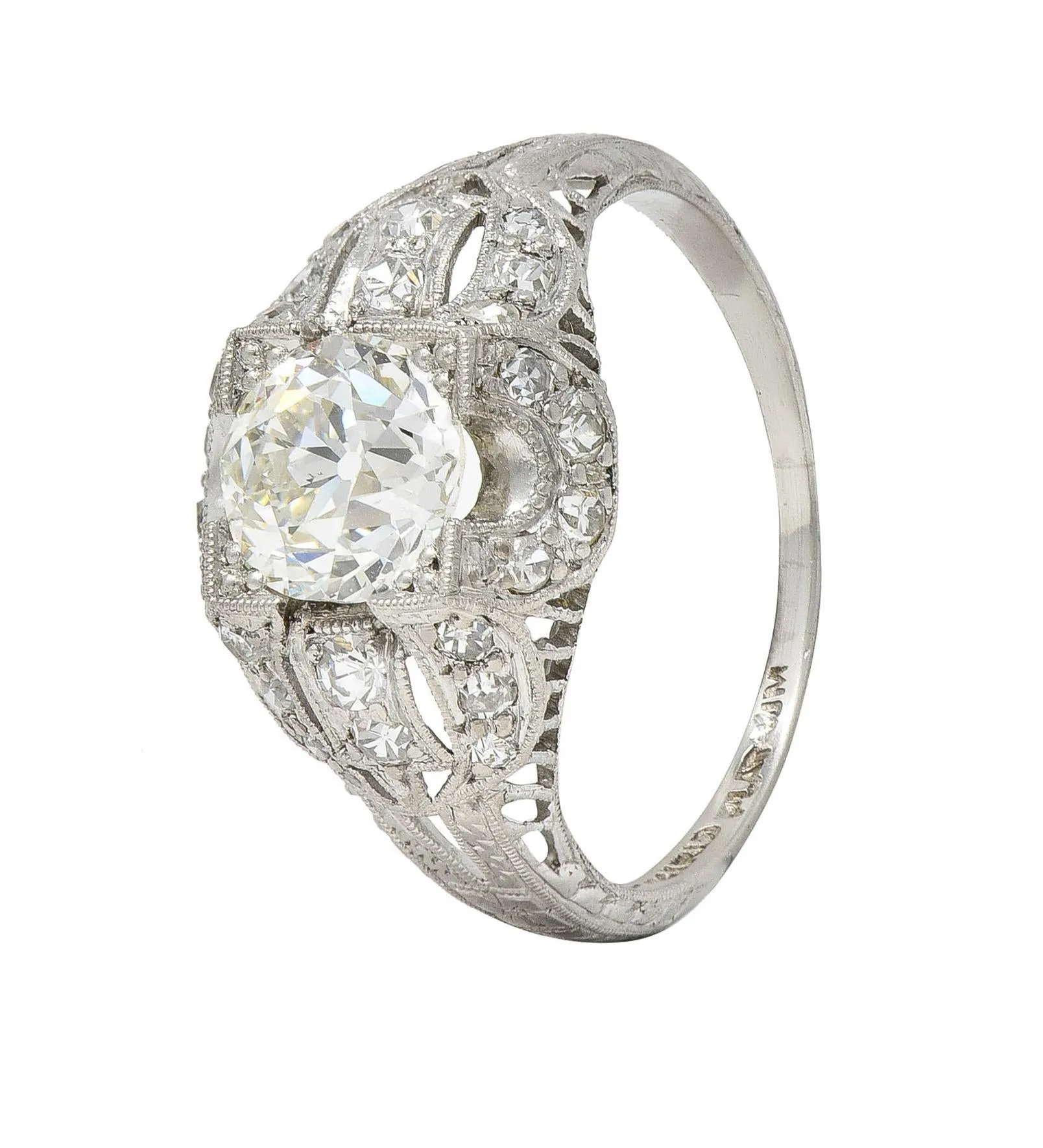 Art Deco 1.79 CTW Old European Cut Diamond Platinum Quatrefoil Antique Engagement Ring
