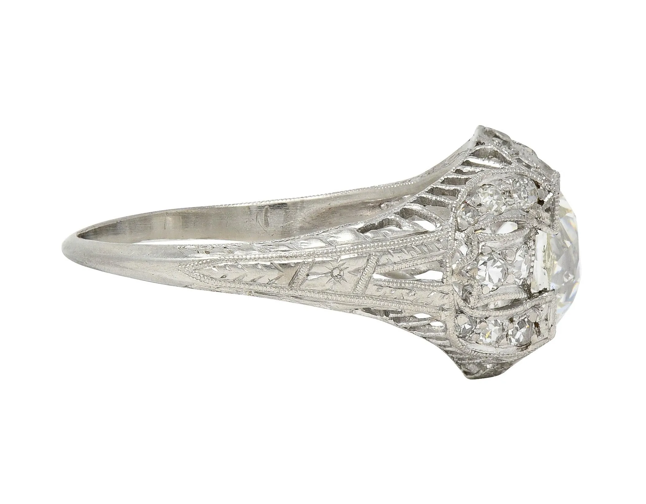 Art Deco 1.79 CTW Old European Cut Diamond Platinum Quatrefoil Antique Engagement Ring