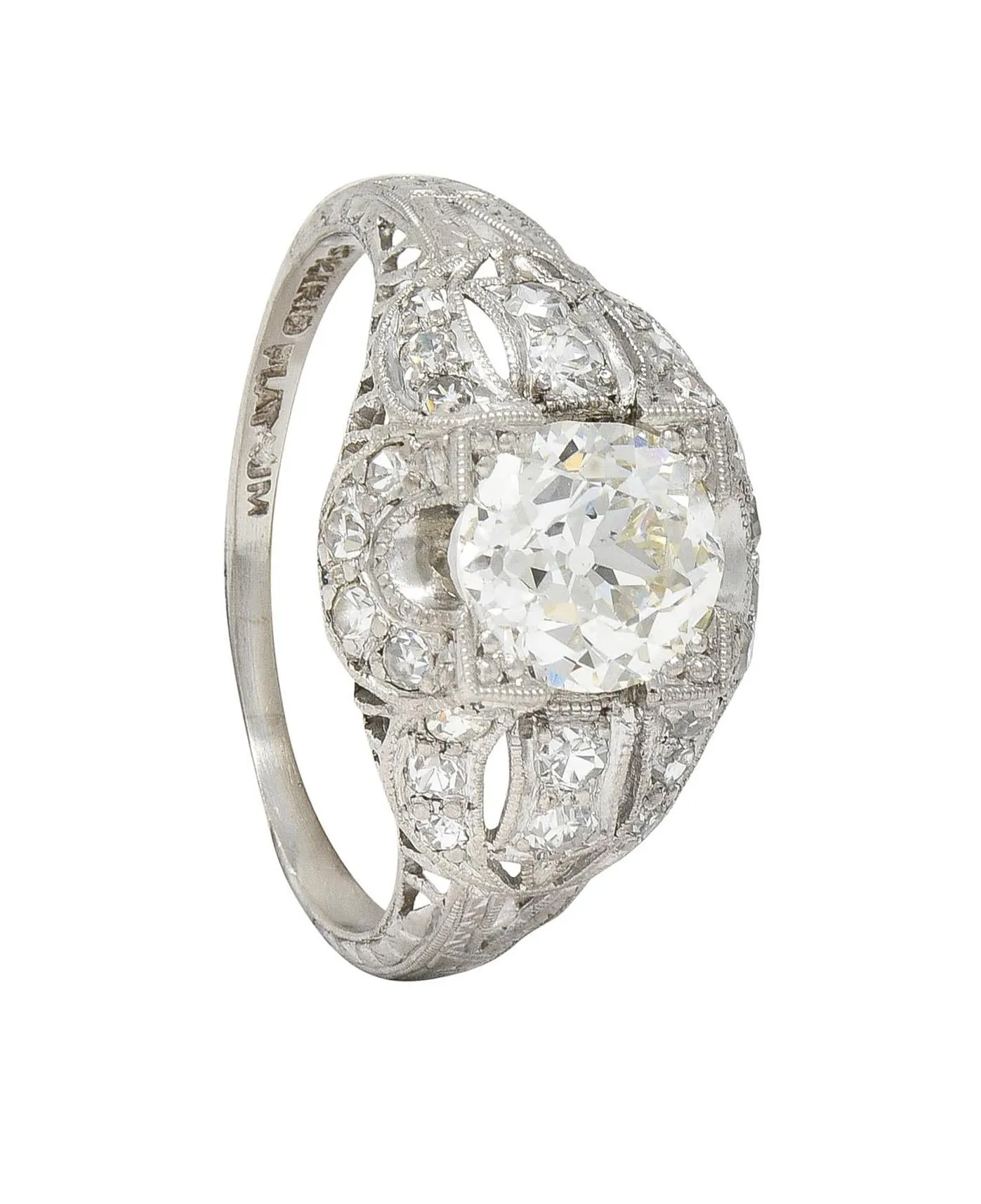 Art Deco 1.79 CTW Old European Cut Diamond Platinum Quatrefoil Antique Engagement Ring