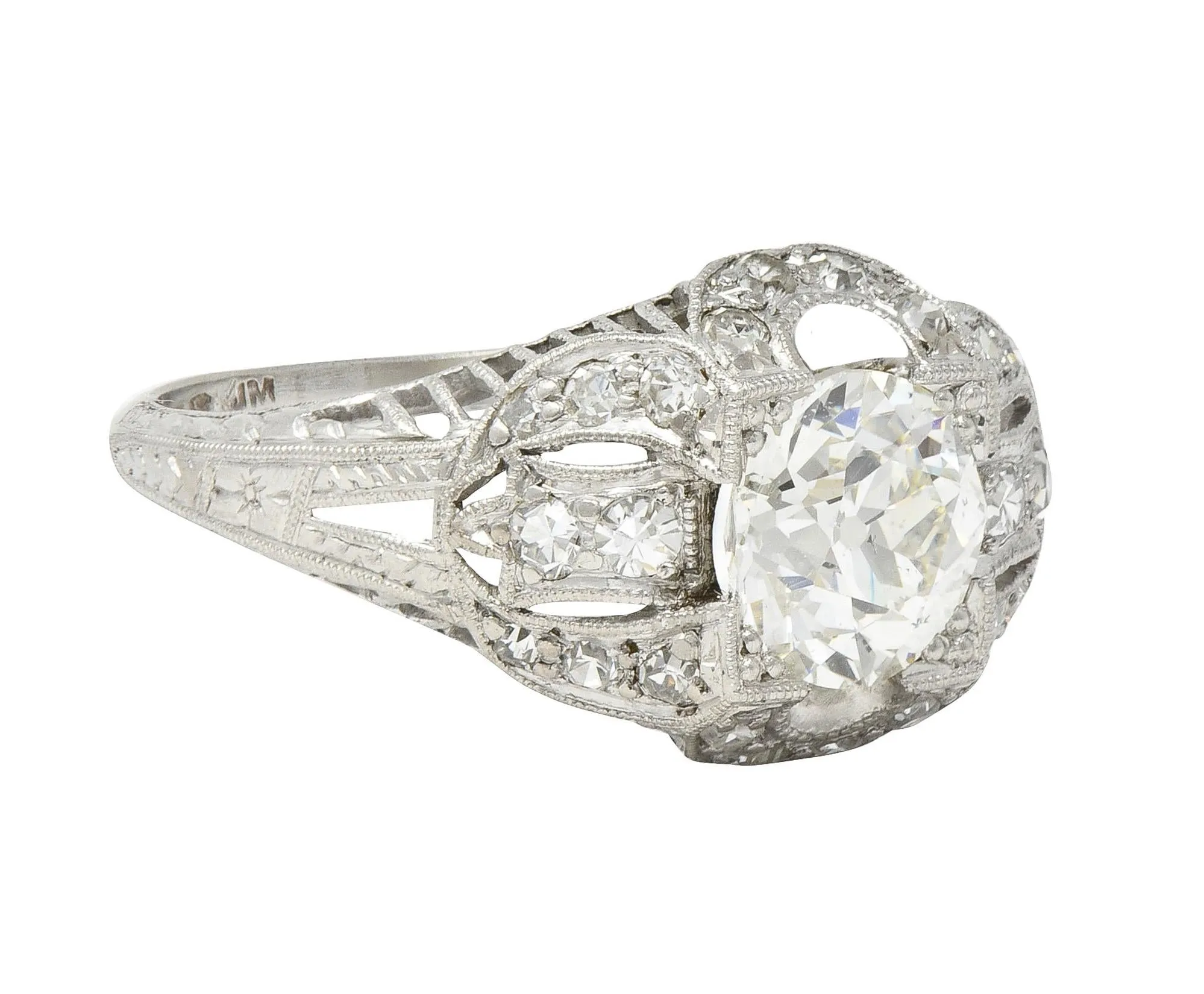 Art Deco 1.79 CTW Old European Cut Diamond Platinum Quatrefoil Antique Engagement Ring