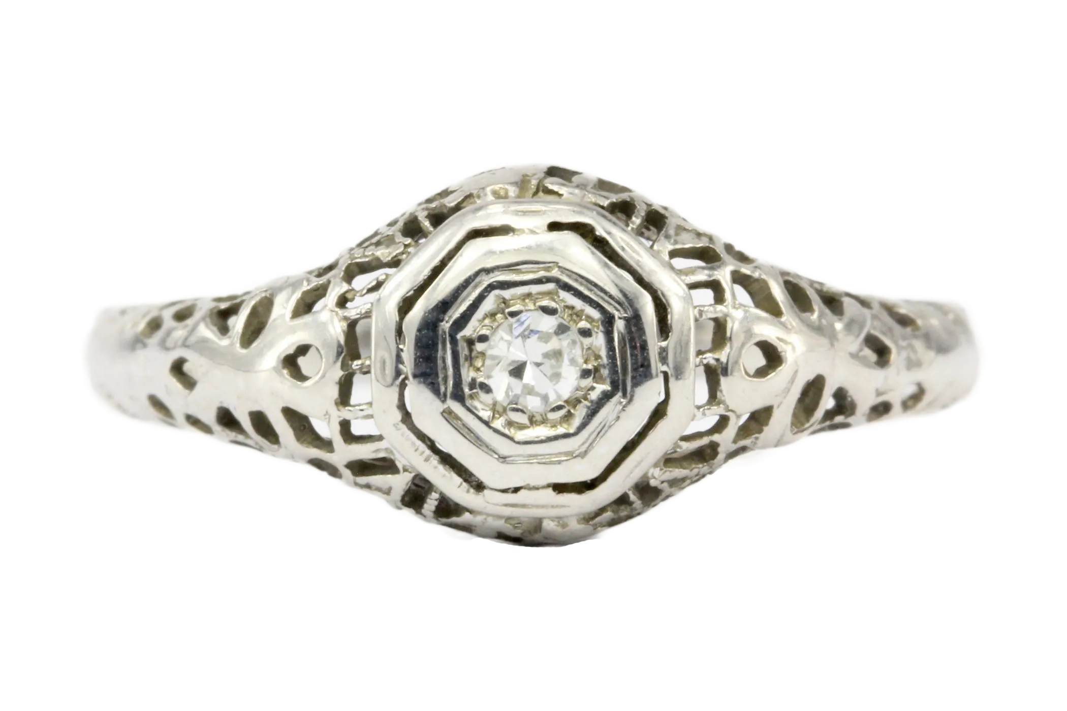 Art Deco 18K White Gold .05 CT Diamond Filigree Engagement Ring Size 8