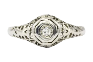 Art Deco 18K White Gold .05 CT Diamond Filigree Engagement Ring Size 8