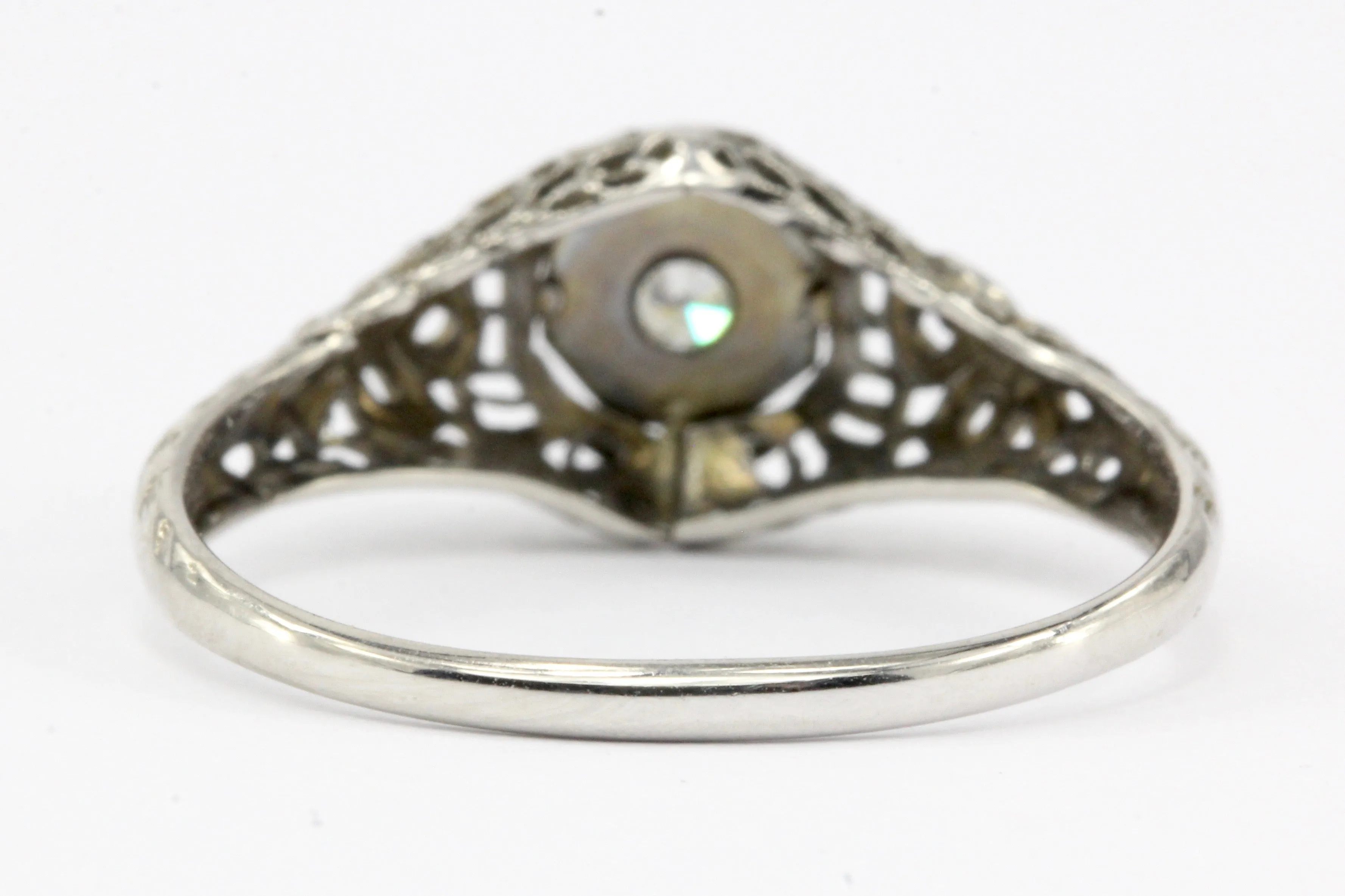 Art Deco 18K White Gold .05 CT Diamond Filigree Engagement Ring Size 8