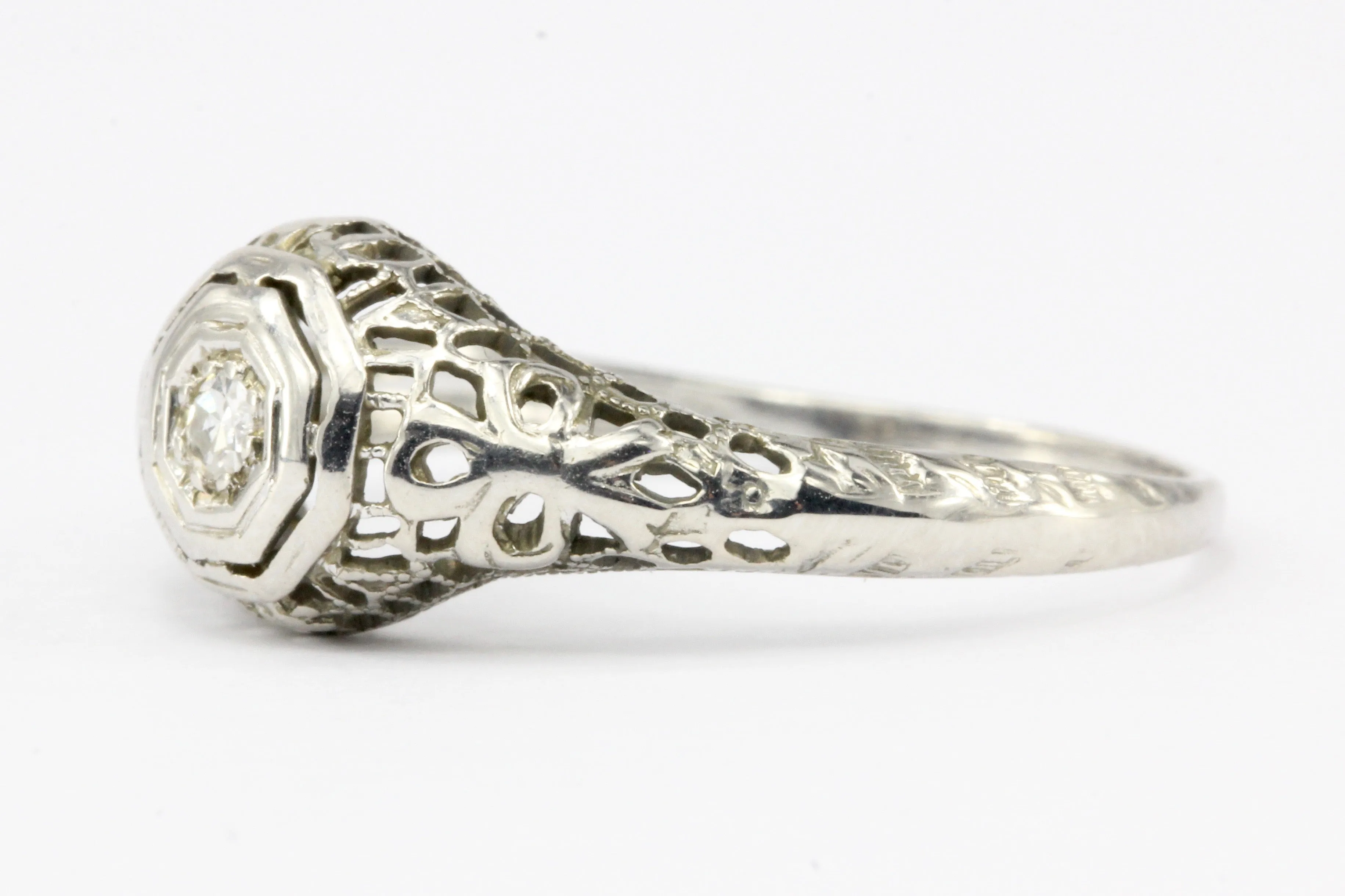 Art Deco 18K White Gold .05 CT Diamond Filigree Engagement Ring Size 8