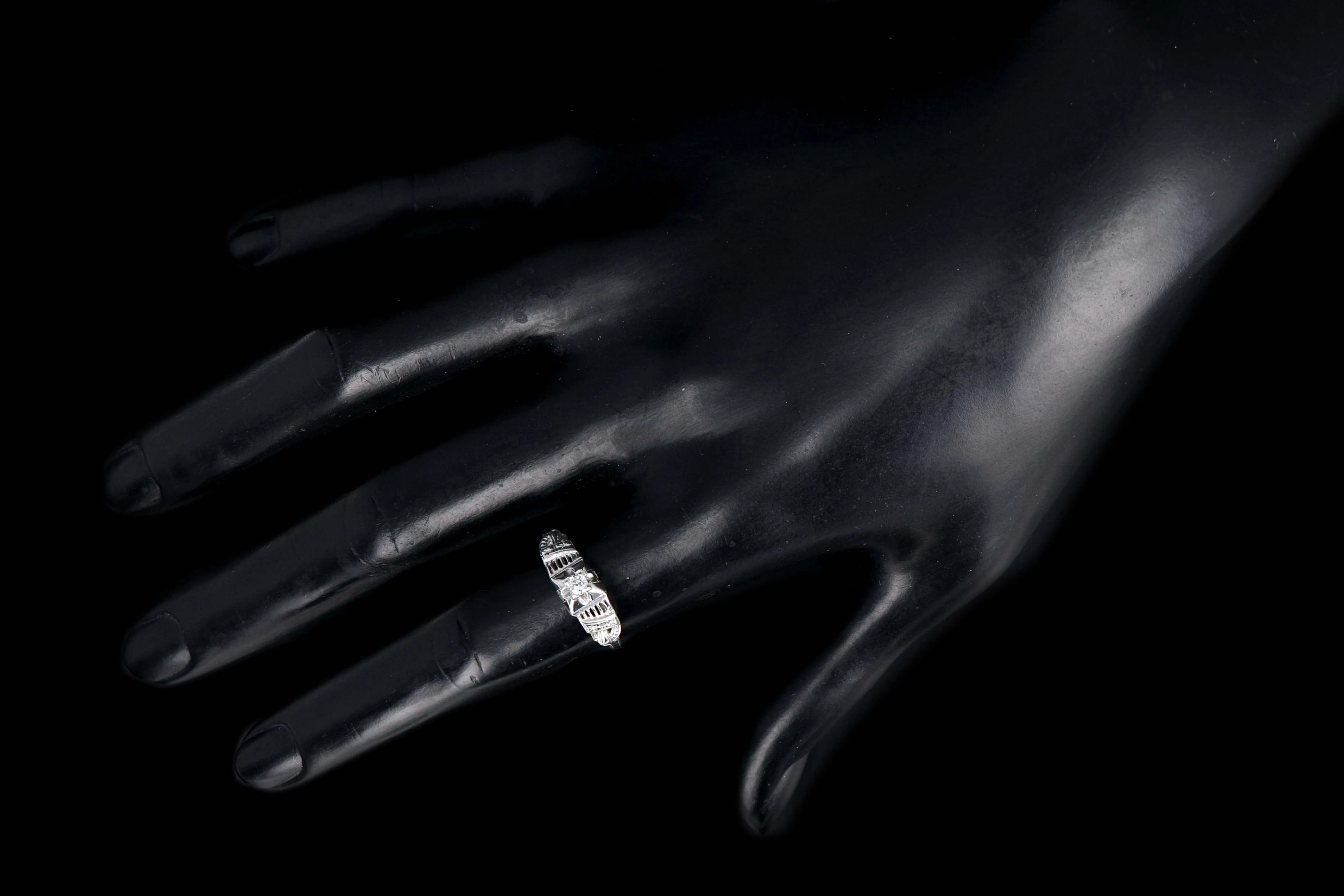 Art Deco 18K White Gold .10 CT Old Mine Cut Diamond Engagement Ring