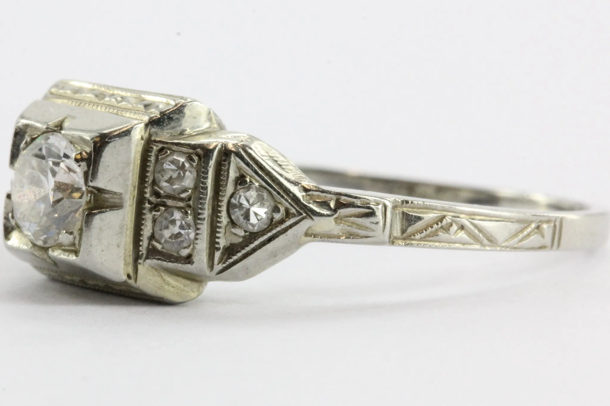 Art Deco 18K White Gold 1/2 Carat Old Mine Cut Diamond Engagement Ring