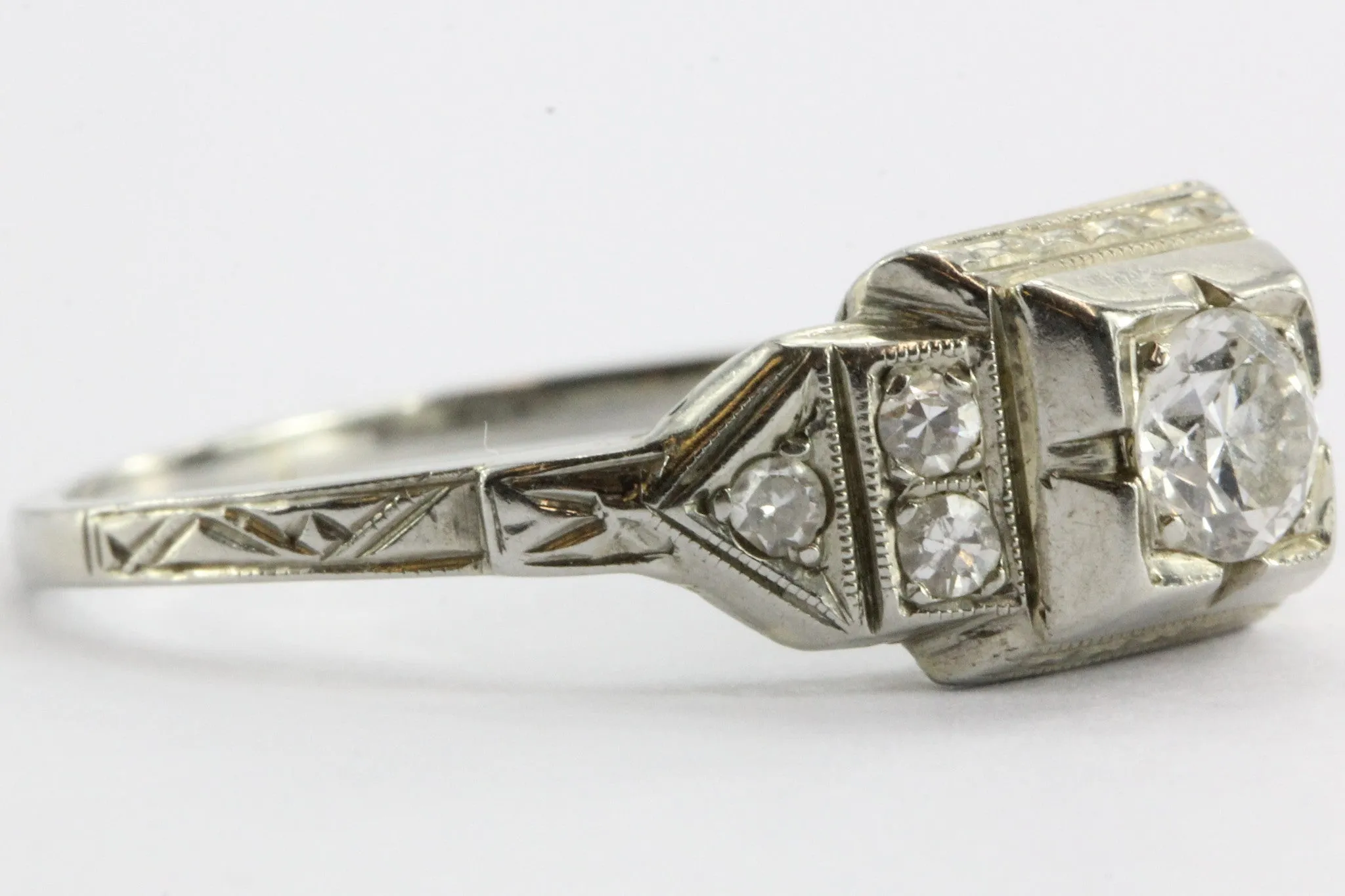 Art Deco 18K White Gold 1/2 Carat Old Mine Cut Diamond Engagement Ring