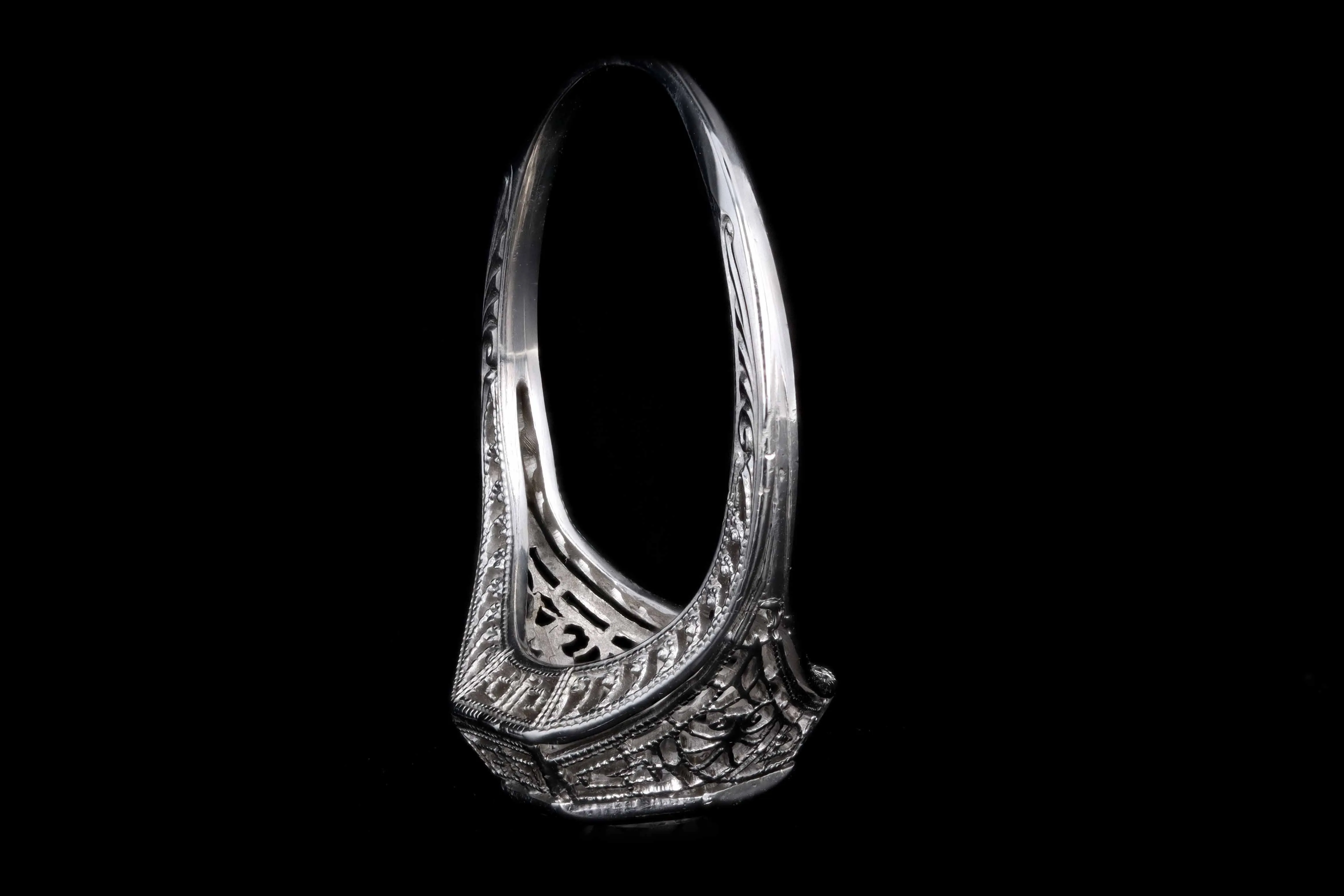 Art Deco 18K White Gold .30 Carat Old European Cut Diamond Filigree Ring