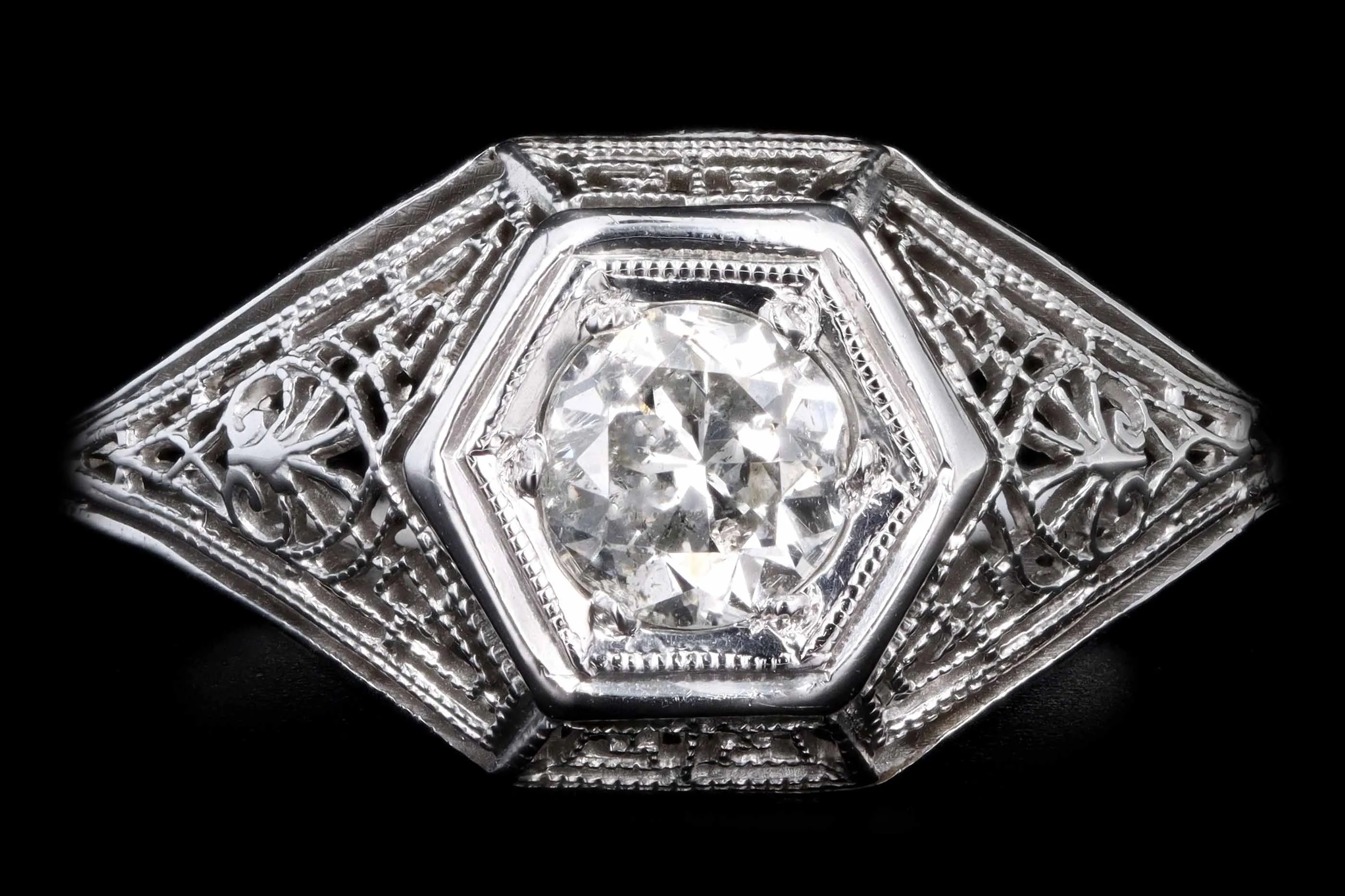 Art Deco 18K White Gold .30 Carat Old European Cut Diamond Filigree Ring
