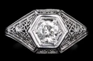 Art Deco 18K White Gold .30 Carat Old European Cut Diamond Filigree Ring