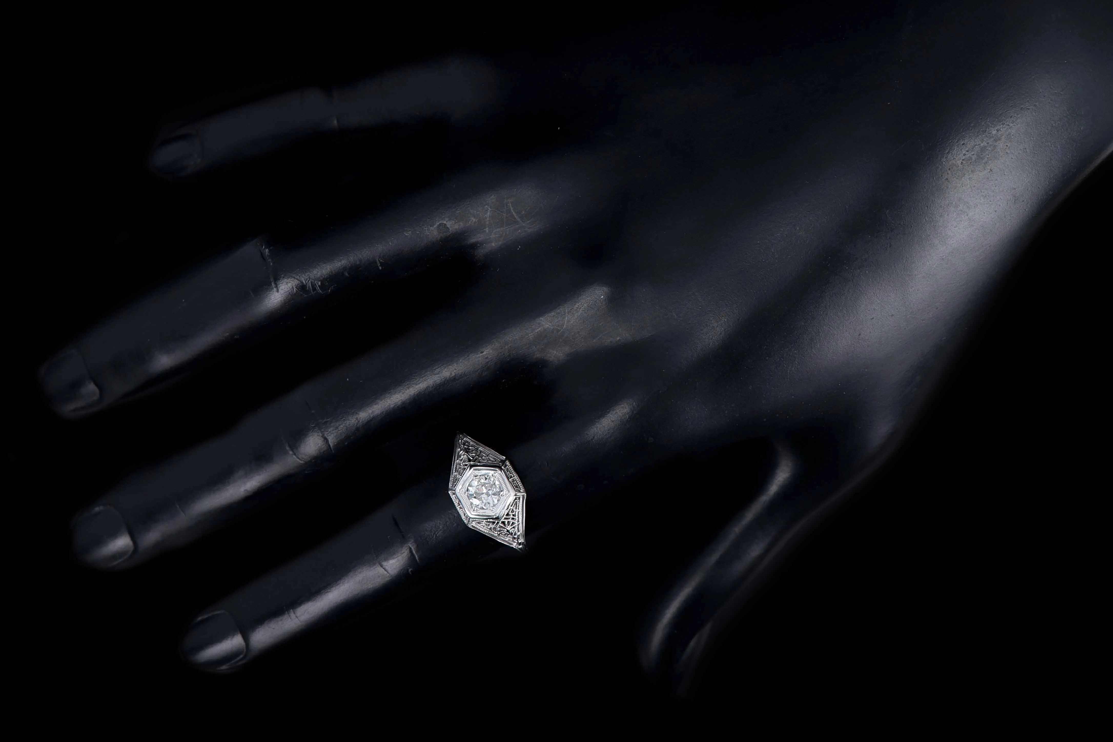 Art Deco 18K White Gold .30 Carat Old European Cut Diamond Filigree Ring
