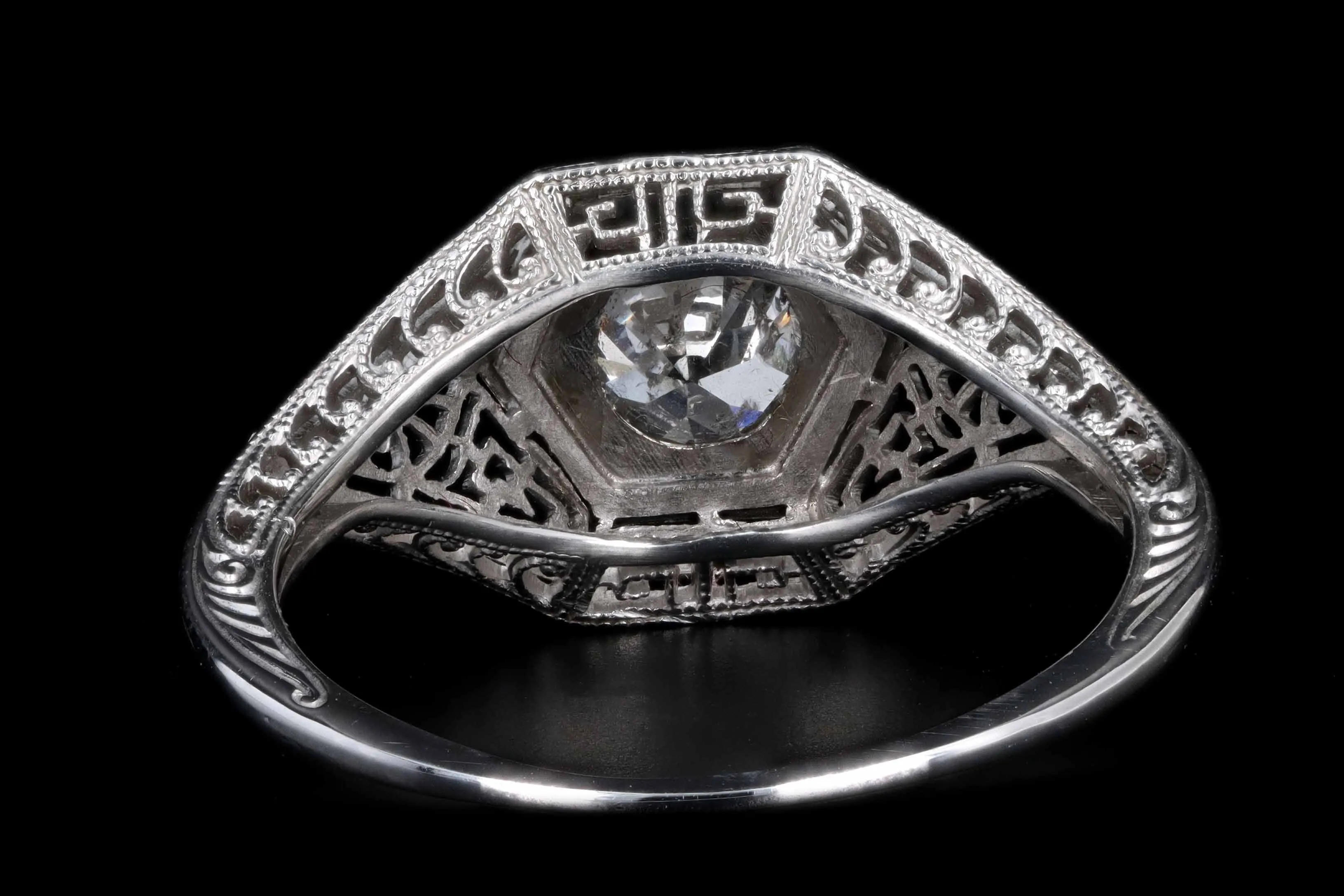 Art Deco 18K White Gold .30 Carat Old European Cut Diamond Filigree Ring