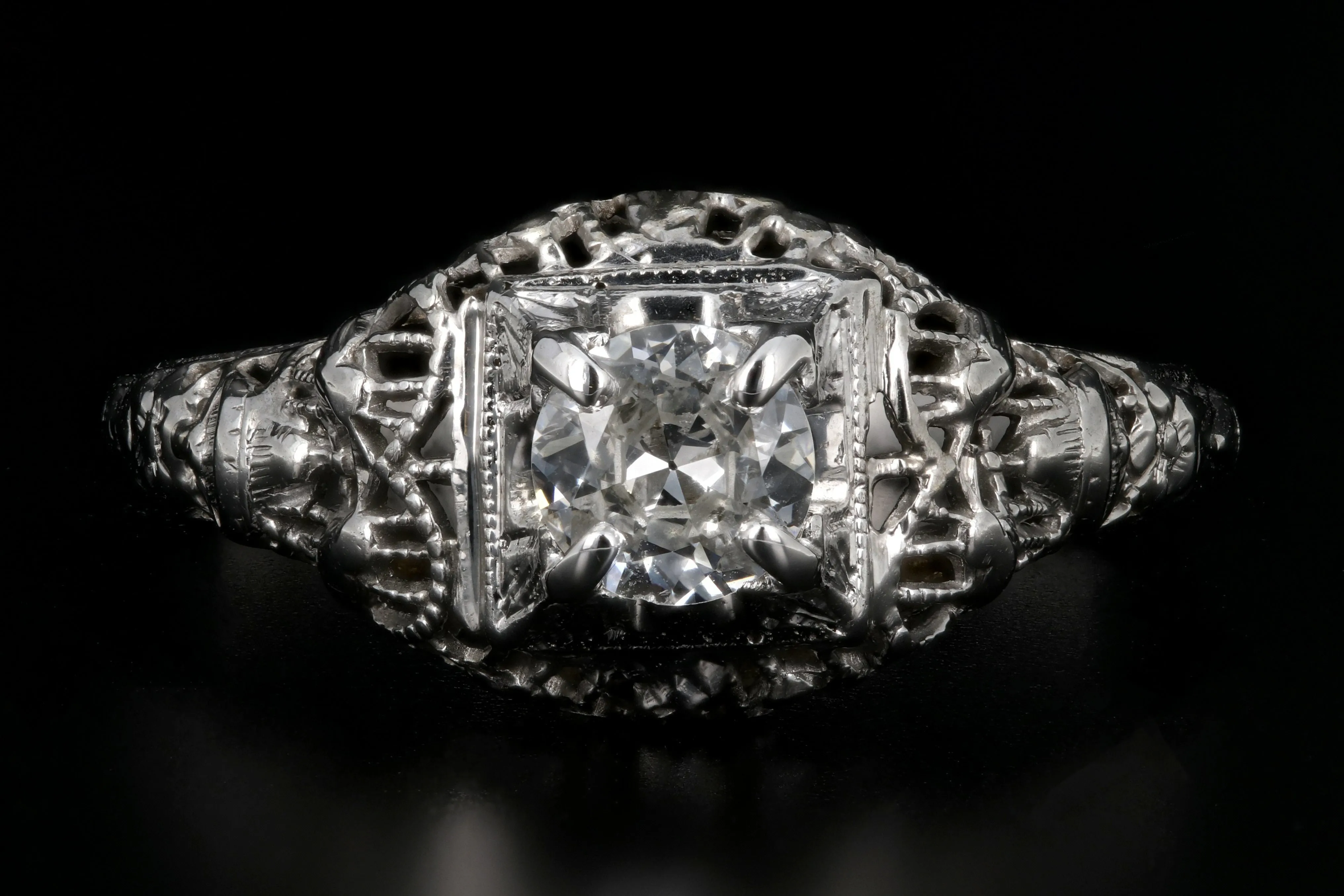 Art Deco 18K White Gold .36 Carat Diamond Engagement Ring