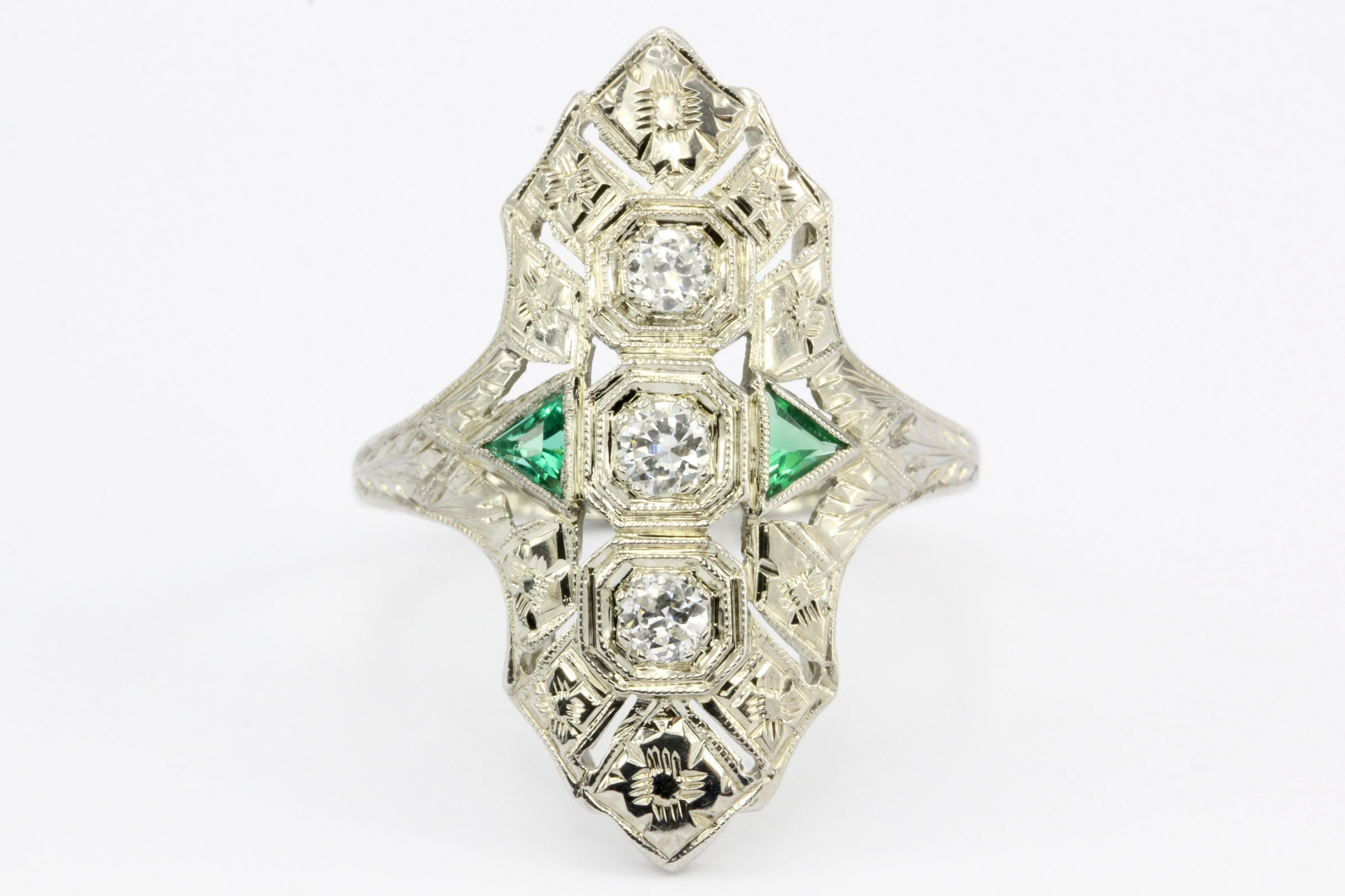 Art Deco 18K White Gold Diamond & Emerald 3 Stone Ring c.1930's