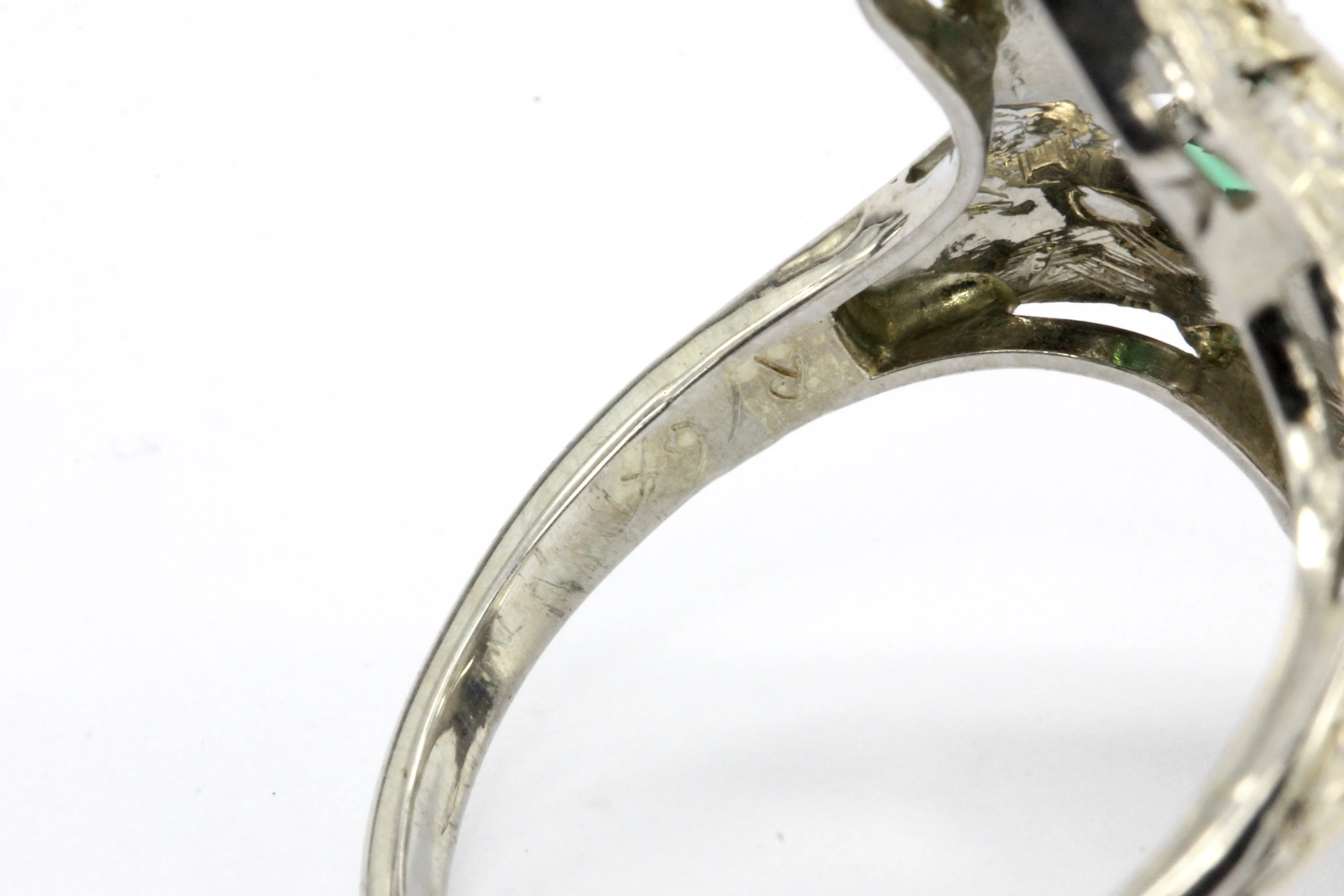 Art Deco 18K White Gold Diamond & Emerald 3 Stone Ring c.1930's