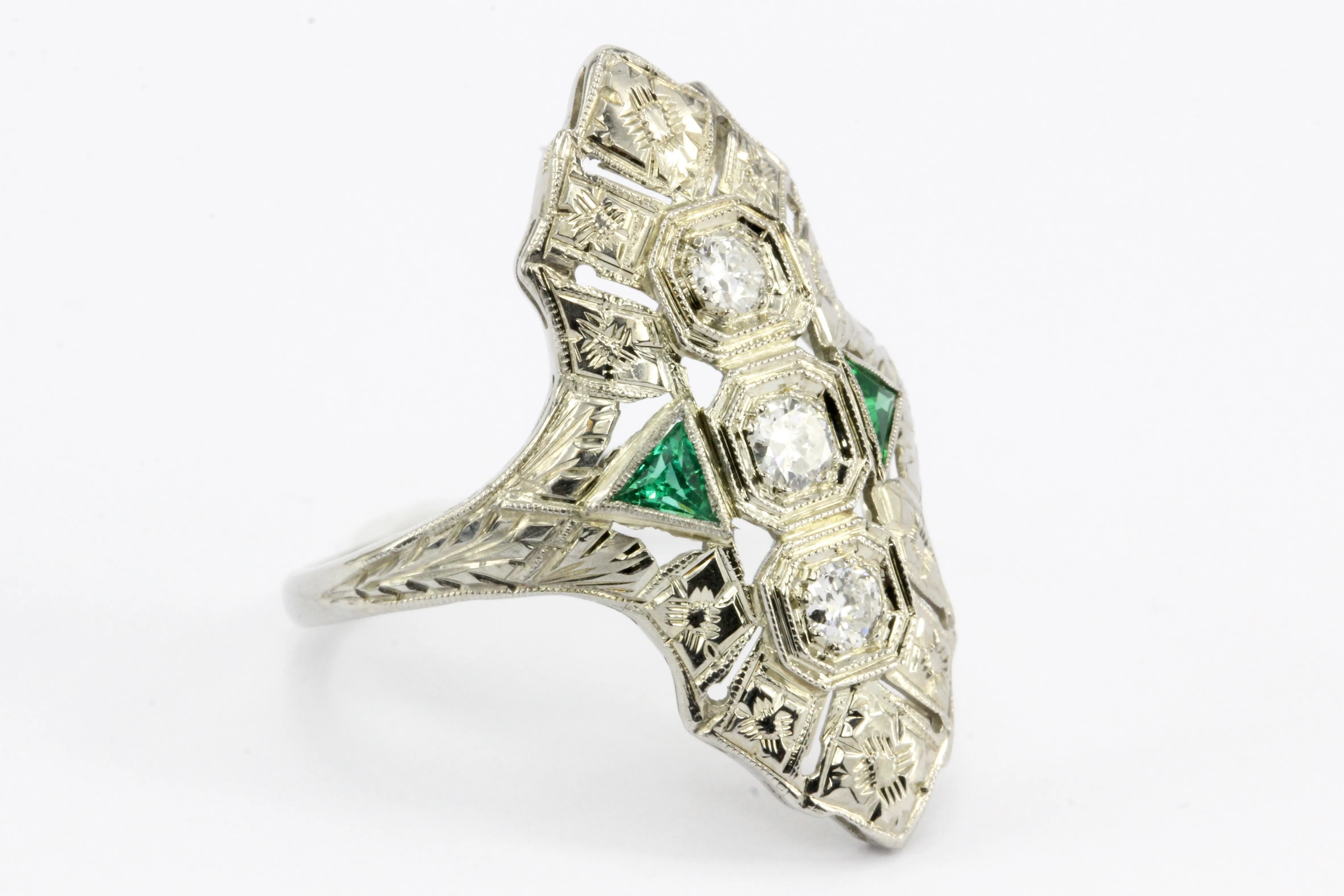 Art Deco 18K White Gold Diamond & Emerald 3 Stone Ring c.1930's