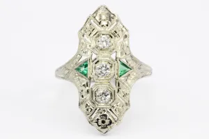 Art Deco 18K White Gold Diamond & Emerald 3 Stone Ring c.1930's