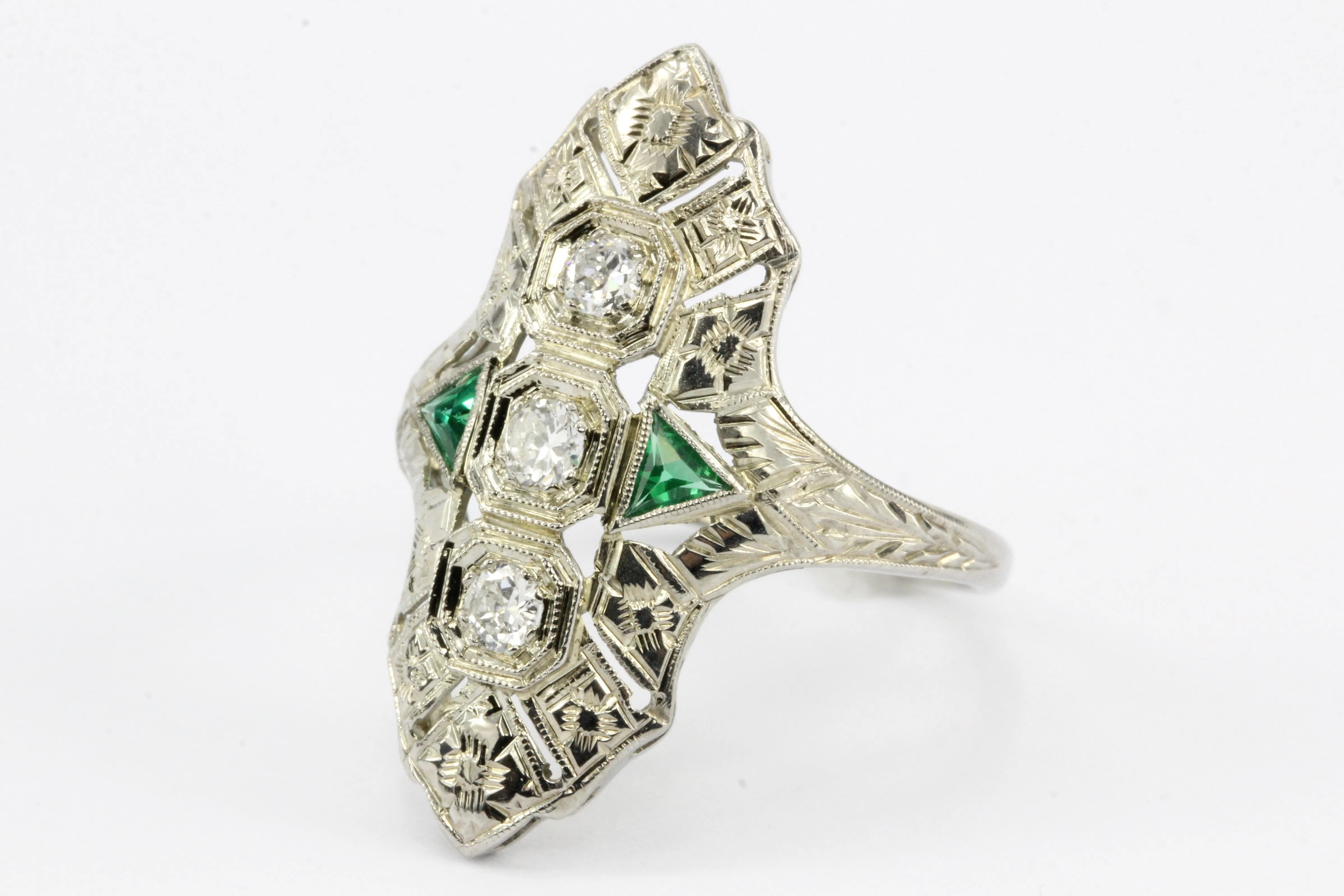 Art Deco 18K White Gold Diamond & Emerald 3 Stone Ring c.1930's