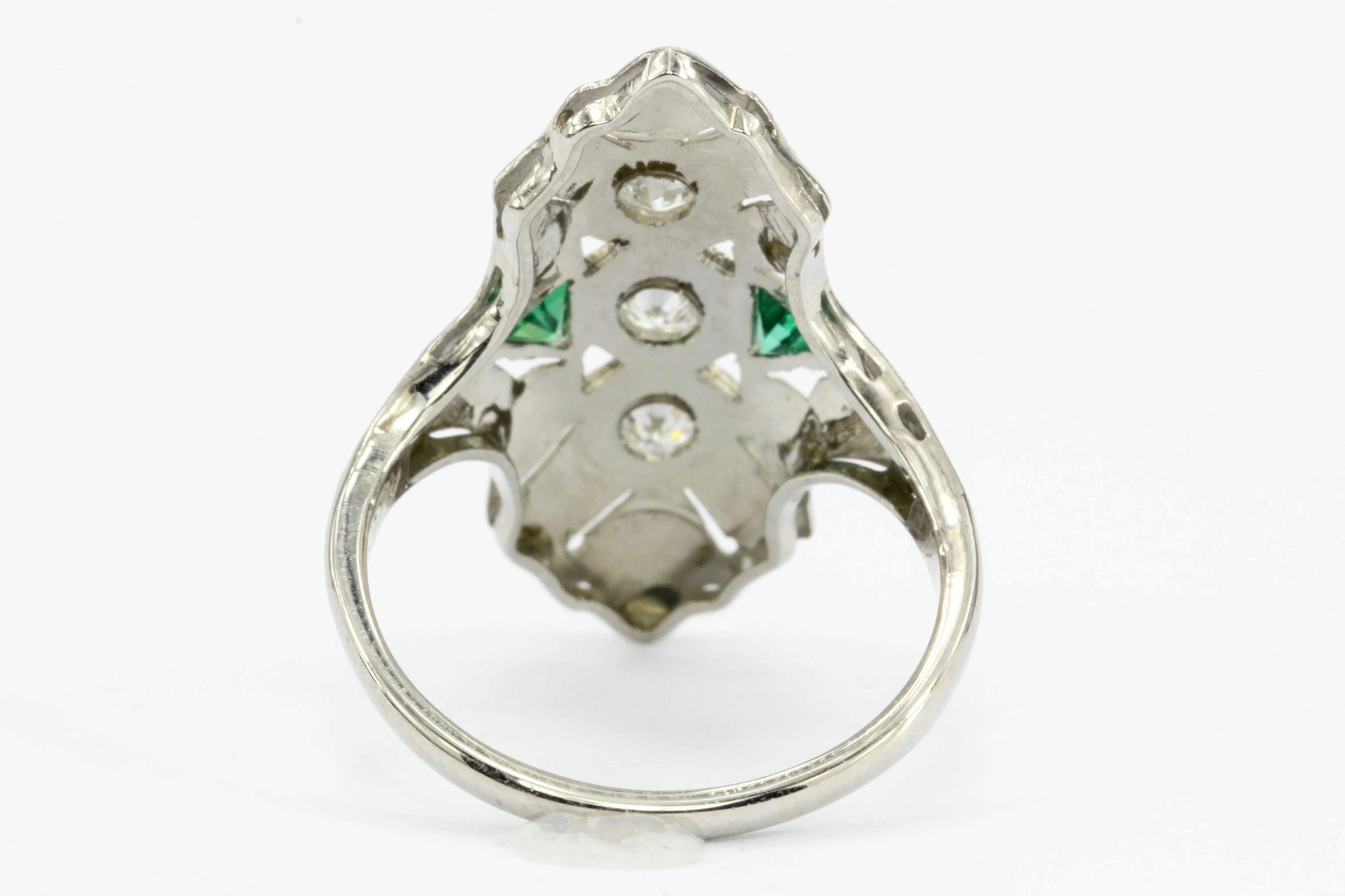 Art Deco 18K White Gold Diamond & Emerald 3 Stone Ring c.1930's