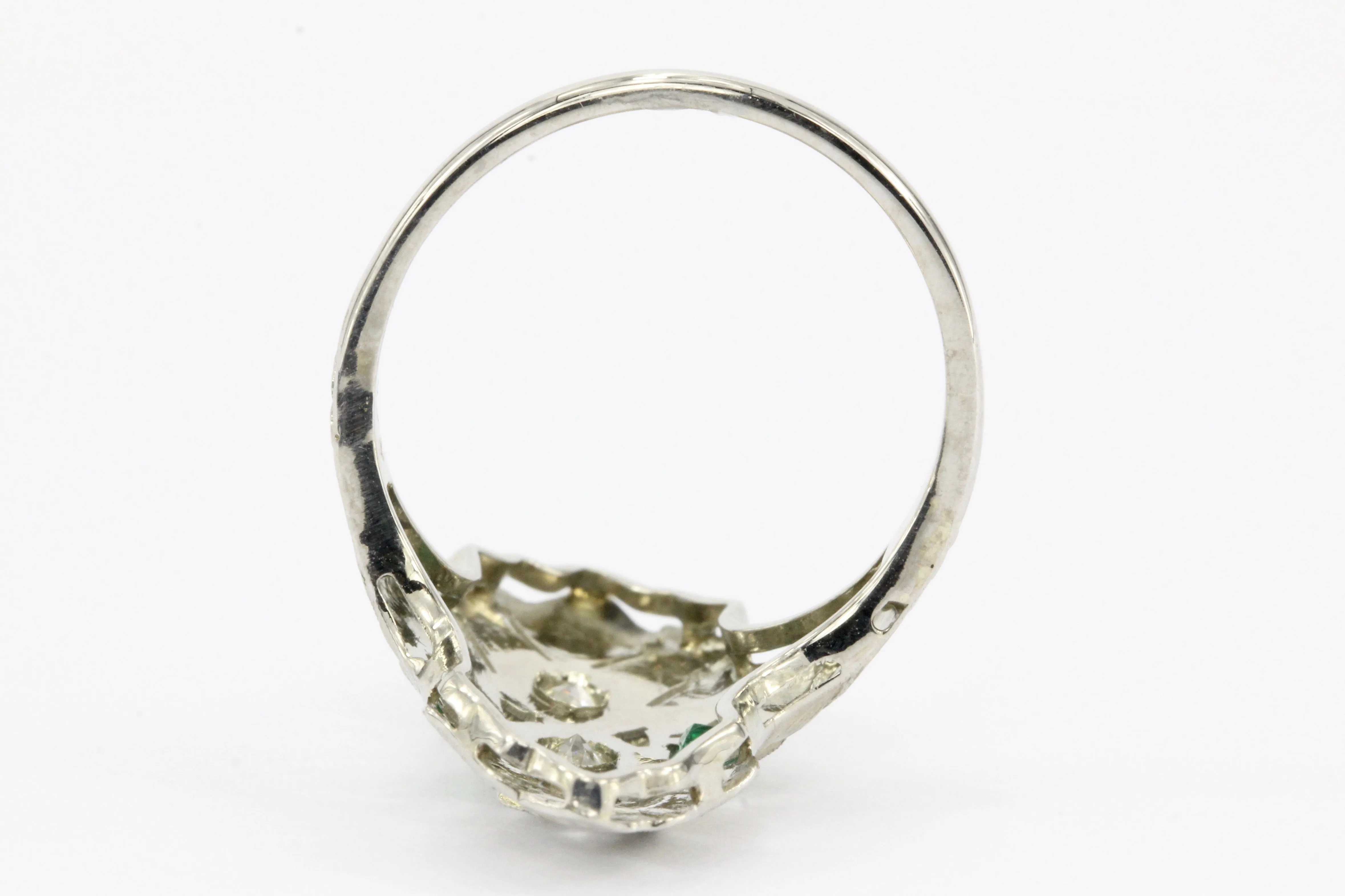 Art Deco 18K White Gold Diamond & Emerald 3 Stone Ring c.1930's