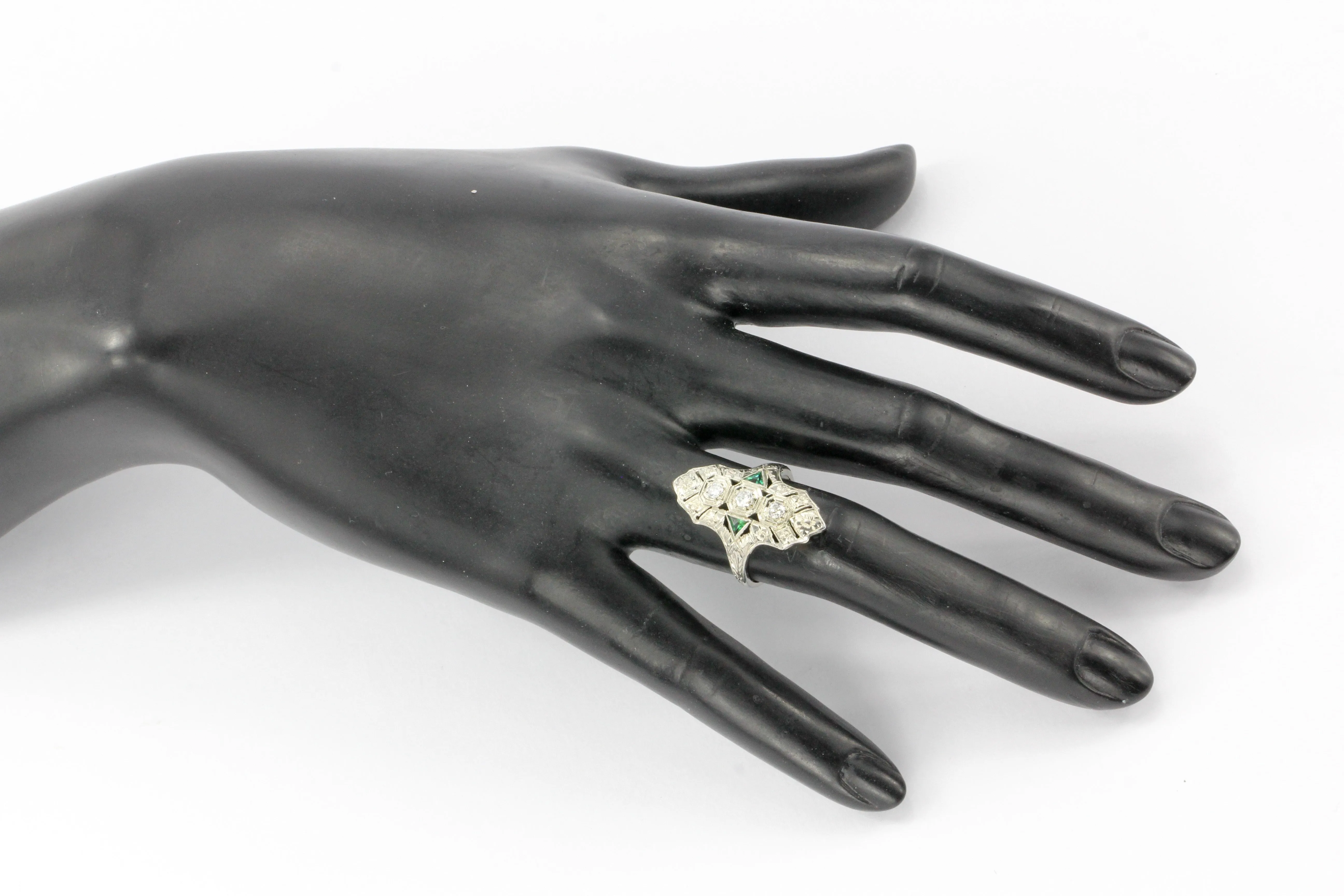 Art Deco 18K White Gold Diamond & Emerald 3 Stone Ring c.1930's