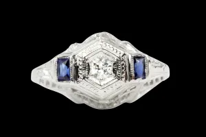 Art Deco 18K White Gold Diamond  & French Cut Sapphires Engagement Ring