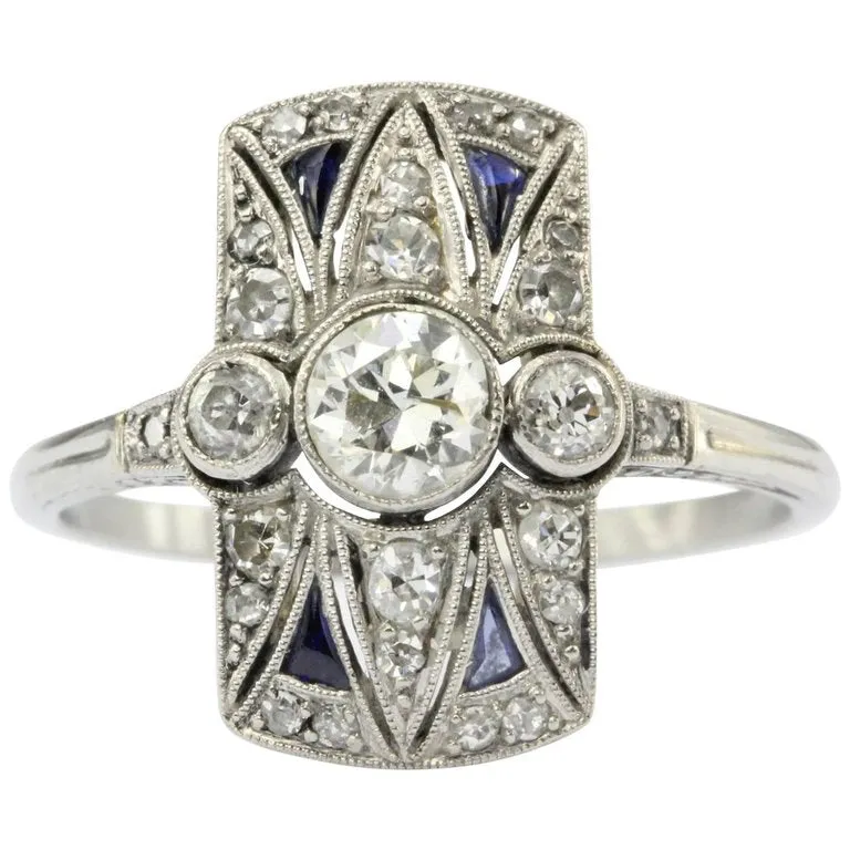 Art Deco 18K White Gold Diamond and Sapphire Ring